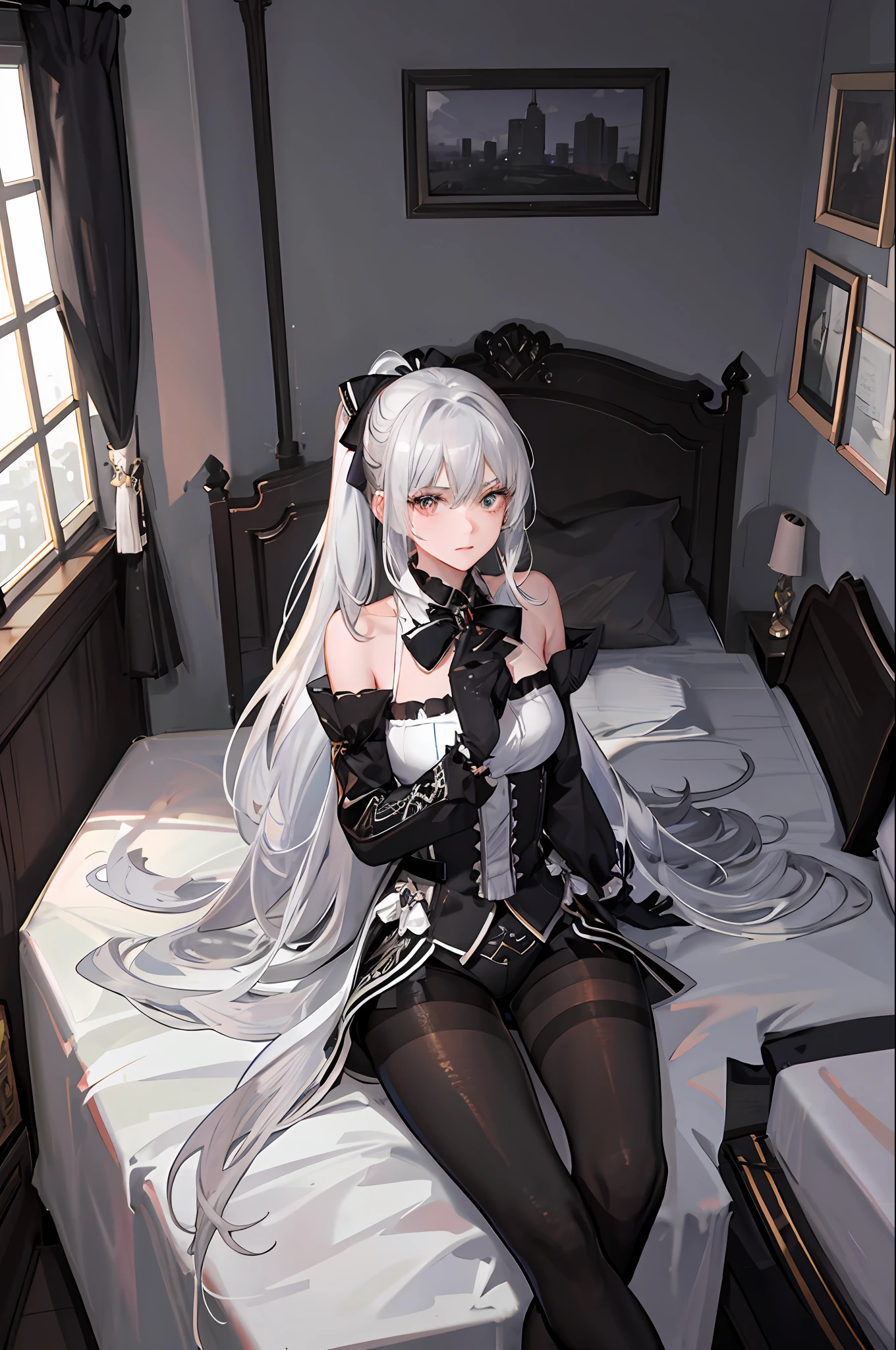 (1 girl)), ray tracing, (dim lighting), [detailed background (bedroom)), ((silver hair)), ((silver hair)), (silver hair), (fluffy silver hair, plump and slim girl)) with high ponytail))) Avoid blonde eyes in the ominous bedroom (((girl wears intricately embroidered black high-waisted pants with pantyhose) and white ruffled bow gloves), showing a delicate slender figure and graceful curves, correct limbs, sitting on the bed