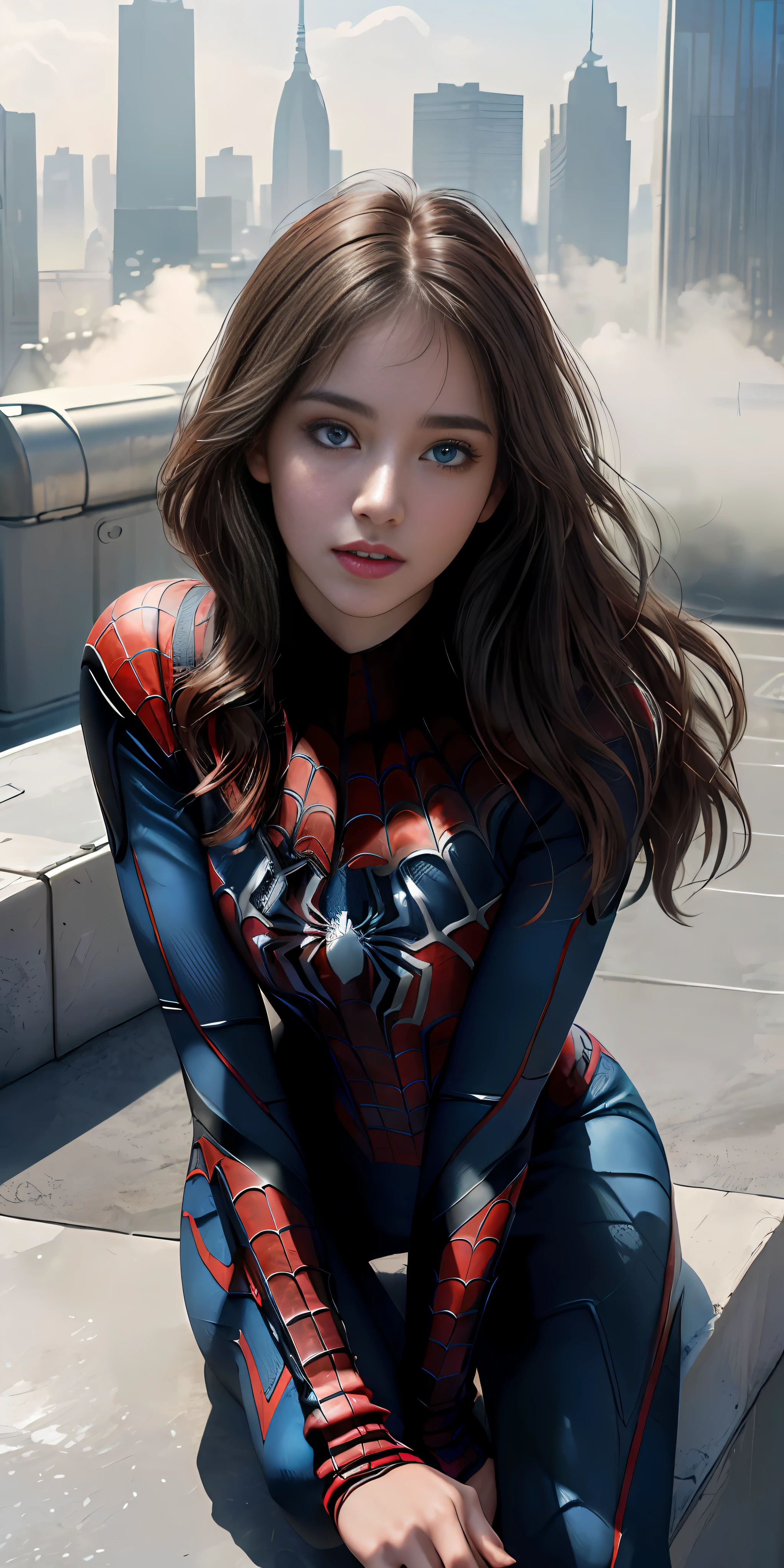 (1girl:1.3), Solo, (((Very detailed face)))), ((Very detailed eyes and face)))), Beautiful detail eyes, Body parts__, Official art, Unified 8k wallpaper, Super detailed, beautiful and beautiful, beautiful, masterpiece, best quality, original, masterpiece, super fine photo, best quality, super high resolution, realistic realism, sunlight, full body portrait, amazing beauty, dynamic pose, delicate face, vibrant eyes, (from the front), She wears Spider-Man suit, red and black color scheme, spider, very detailed city roof background, rooftop, overlooking the city, detailed face, detailed complex busy background, messy, gorgeous, milky white, highly detailed skin, realistic skin details, visible pores, clear focus, volumetric fog, 8k uhd, DSLR, high quality, film grain, fair skin, photo realism, lomography, futuristic dystopian megalopolis, translucent