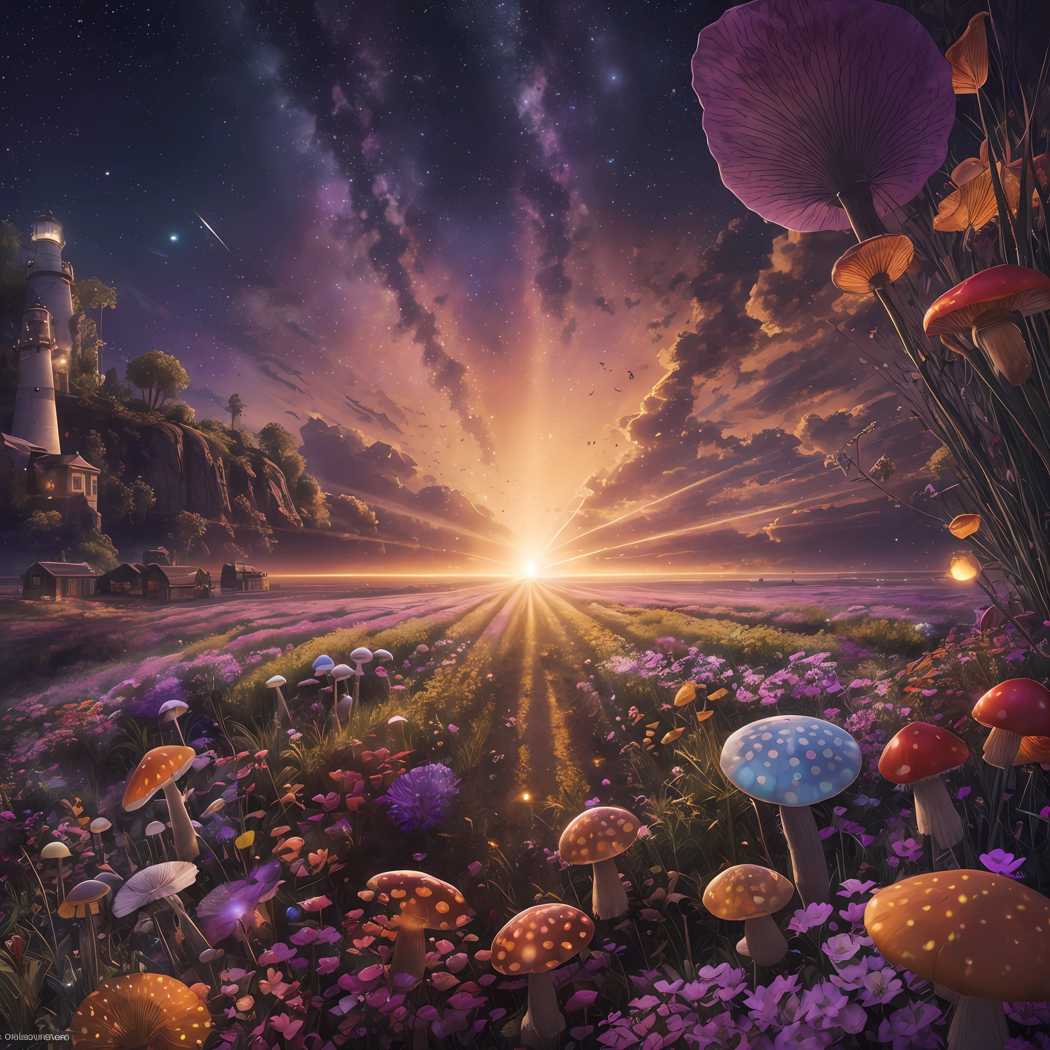 Computer, Extensive landscape ultra photography (general view showing a glass bottle, lighthouse, fly agaric mushrooms, flowers), dawn, (detailed description of dawn), flower (ultradetailed bottles), sky, dawn (detailed), meteor shower (detailed), butterflies, (detailed), fireflies (1: 3), (ultra-detailed description of appearance), bottle, lighthouse, butterflies, (crystals: 1,2), BREAK production art, (warm light source: 1.2), (Firefly: 1.2), pink, purple, fire particles, colors, Complex Details, Volumetric Lighting, Realistic Fantasy BREAK (Masterpiece:1.2), (Best Quality), 4k, Ultra Detailed, (Dynamic Composition: 1.4), High Detailed, Colorful Details, (Dark Colors: 1.2), (Luminous Lighting, Atmospheric Lighting), Morning, Light, Magical --auto --s2