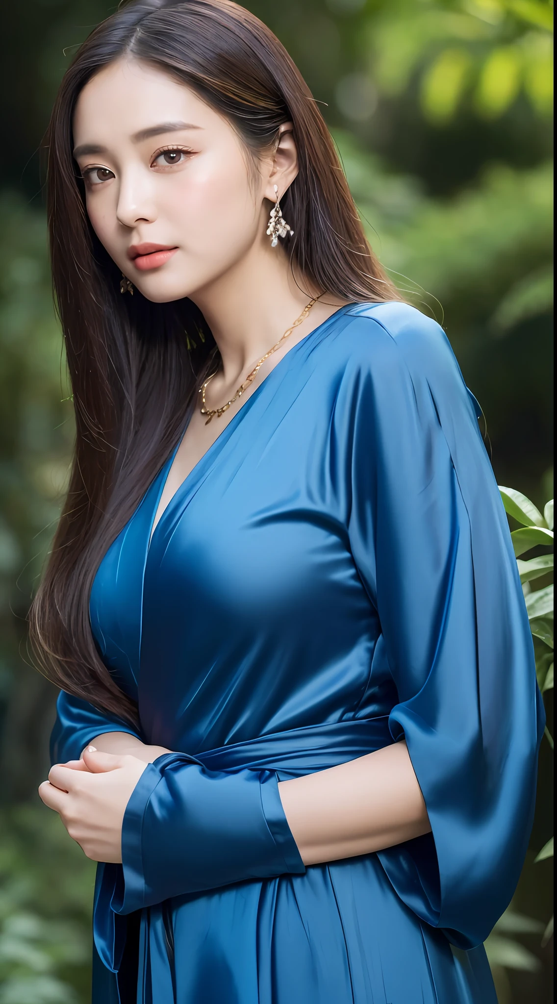 (best quality, masterpiece, 8K, ultra high res, realistic, close-up, blue sky, photon mapping, radiosity, physically-based rendering:1.2), (Beautiful and detailed face and smooth forehead and black long hair and messy hair:1.2), (blue clothes:1.5), (Beautiful face and Facial delicate whitening, extremely detailed 8K colorful long silk robe:1.2), 1girl, solo ,(young), detailed face, shiny skin, intricate detail, looking at viewer, big eyes, earrings, hairpin, necklace, small breasts, slim body, architecture, east asian, riverside, forest, garden, arms at sides,