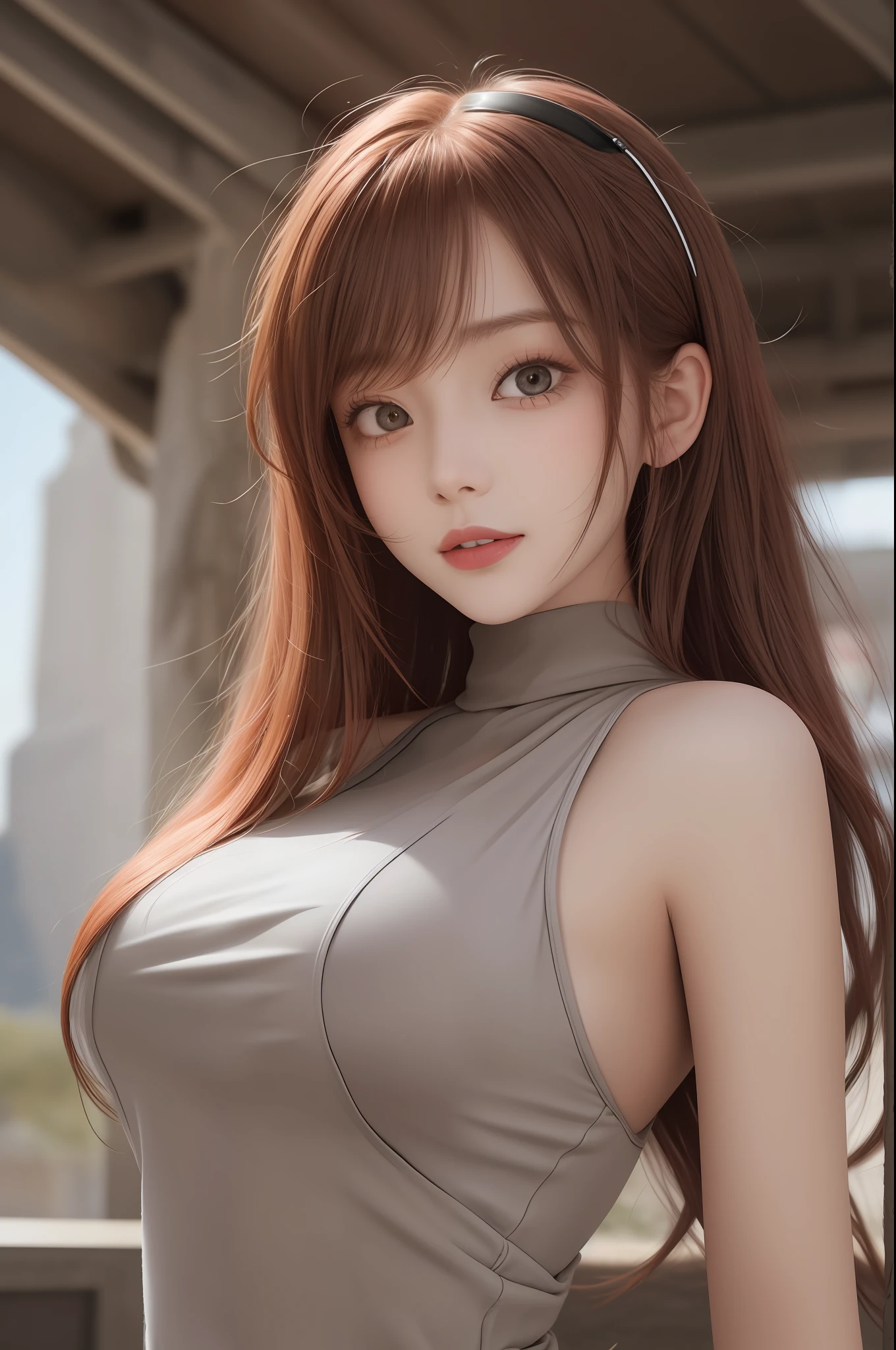 gentle beautiful girl, messy red hair, brown and gray heterochromia, desert dress, hourglass body, little smile, open mind, yoga studio, figure, anime girl, face Clean detailed, intractated clothing, similar colors, nice gradients, depth of field, clean images, high quality, high detail, high definition, Luminous Studio graphics engine, faces. cute,