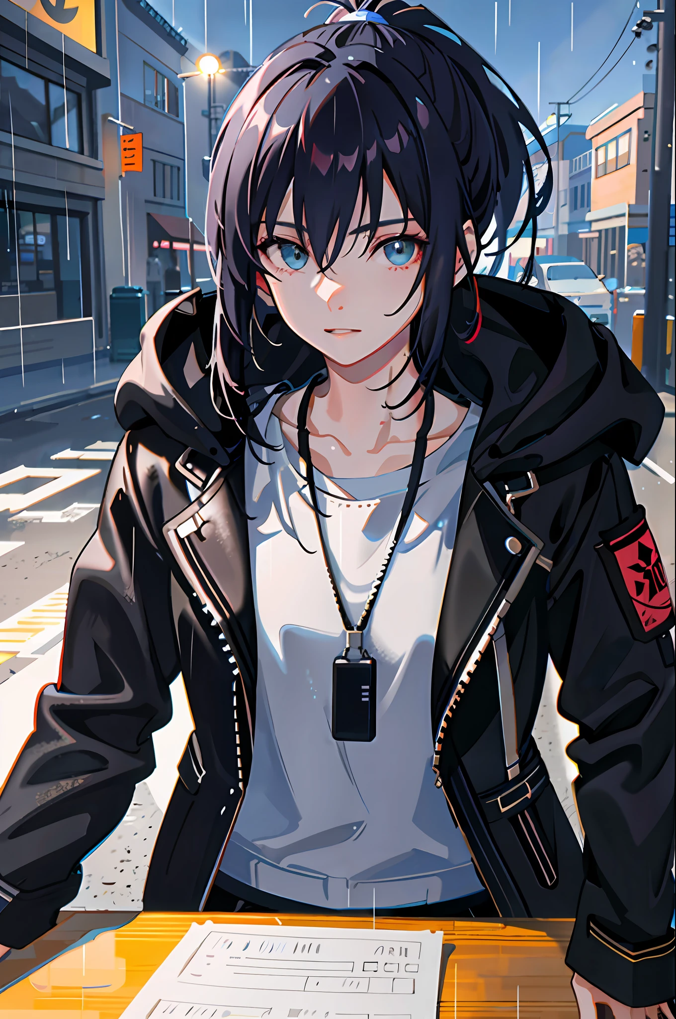 1girl, jacket, rain, outdoor, hoodie, open jacket, chain, backpack, looking at another, ponytail hair, trending on artstation, 8k resolution, highly detailed, anatomically correct, sharp image, digital painting, concept art, trending on pixiv, style of makoto shinkai,