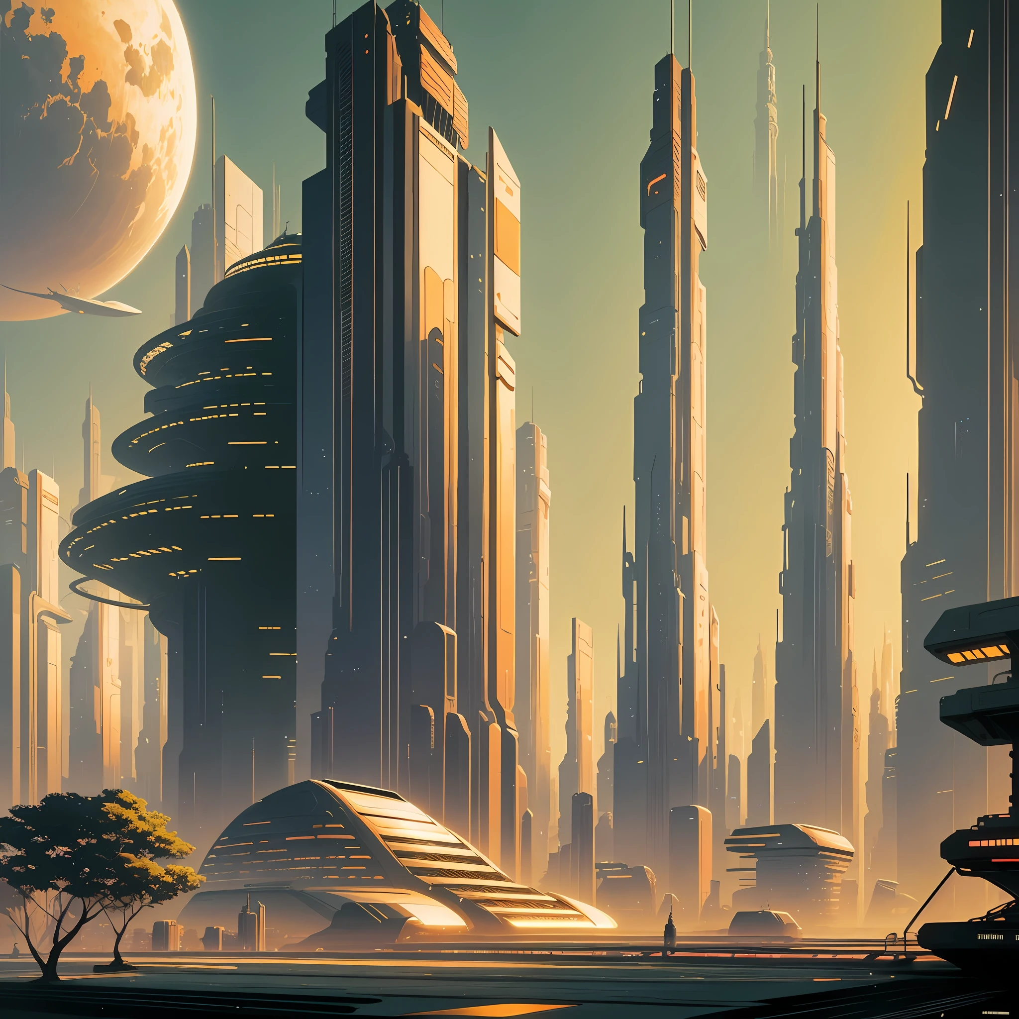By Syd Mead, high quality, high resolution, masterpiece, retrofuturistic city skyline, HD,
