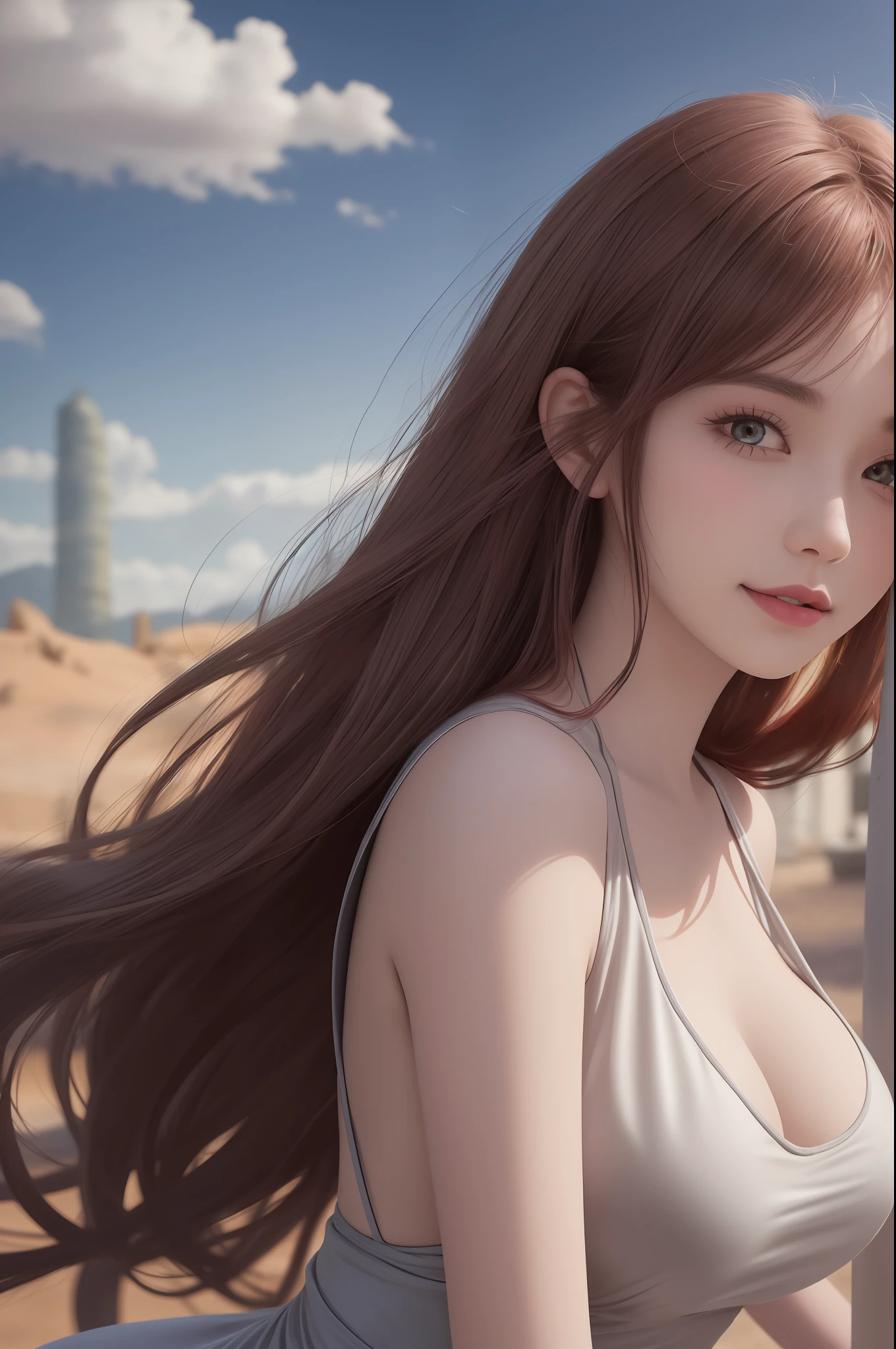 gentle beautiful girl, messy red hair, brown and gray heterochromia, desert dress, hourglass body, little smile, open mind, yoga studio, figure, anime girl, face Clean detailed, intractated clothing, similar colors, nice gradients, depth of field, clean images, high quality, high detail, high definition, Luminous Studio graphics engine, faces. cute,