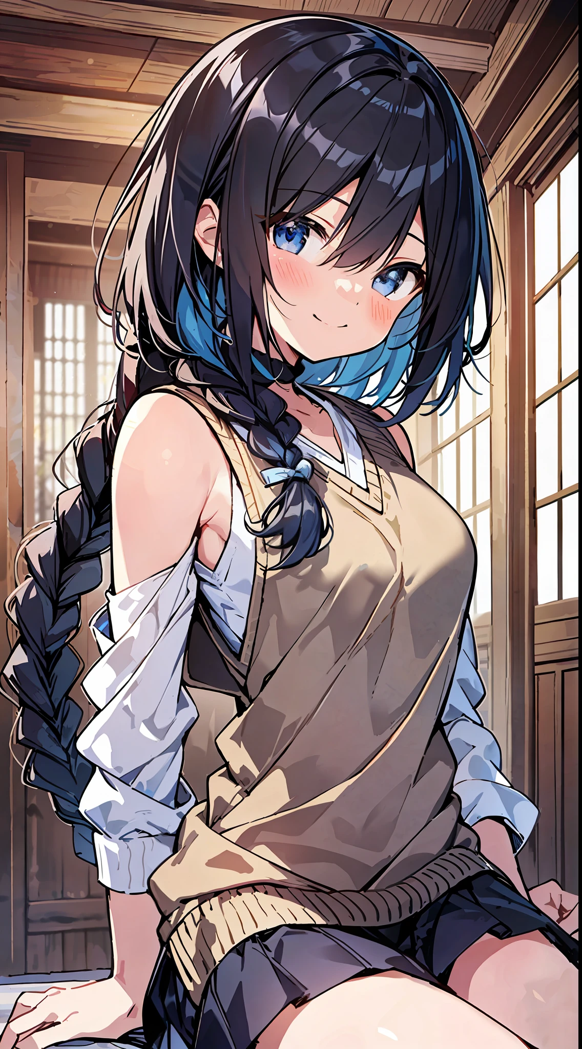 Top Quality, Best Masterpiece, Ultra High Definition, 8K, Blue Sweater Vest, Little  in Anime Style, One Person, Ultra Detailed Line Art, Digital Enhancement, Anime Core, Flowing Fabric, Close Up, ((Hair length to shoulder mouth and short braid)), staring at us from the front, soft drawing, beautiful black hair, crisp eyes, smiling smile, ultra-detailed digital anime art, Clear face depictions, ultra-detailed anime character art, ultra-detailed manga style, top-quality colors, hand gestures, foot-level angles, indoor