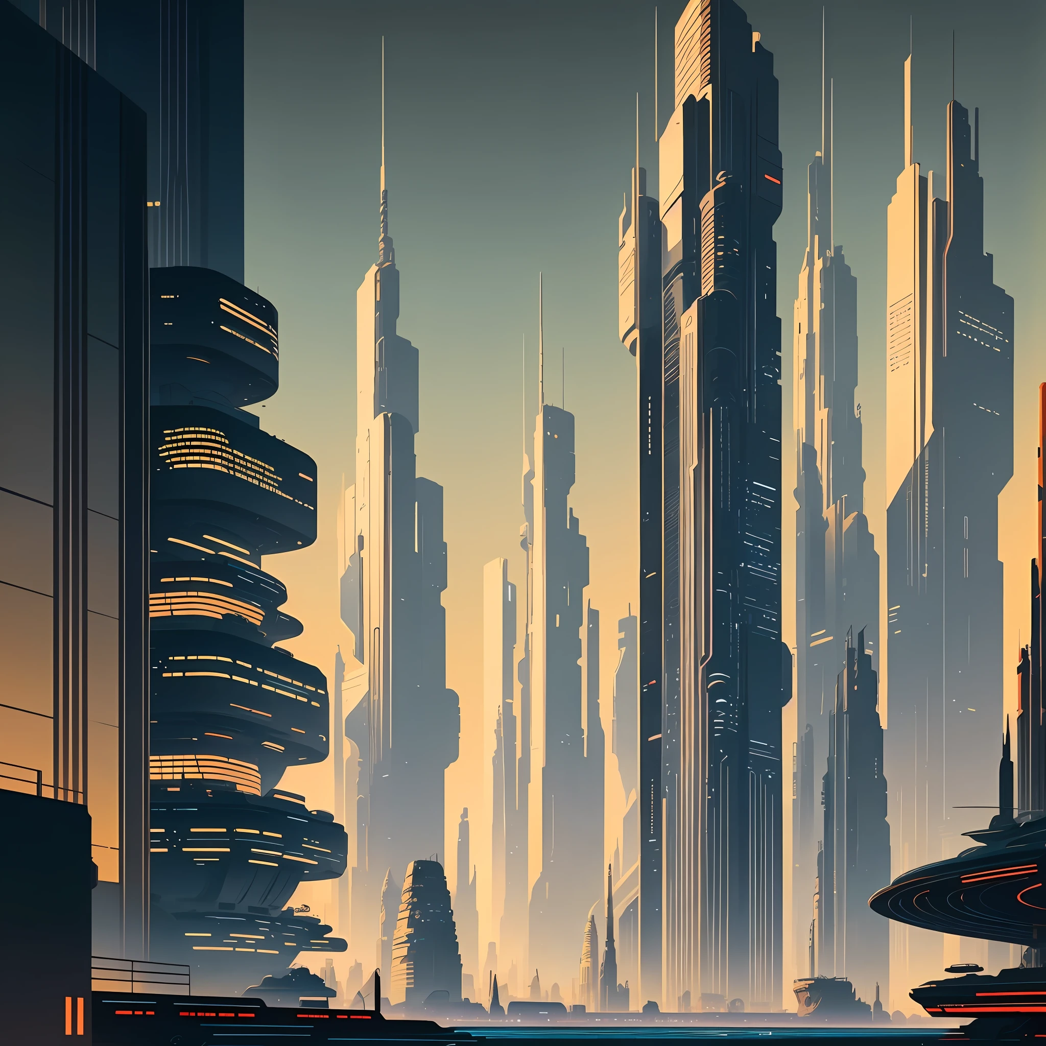 By Syd Mead, high quality, high resolution, masterpiece, retrofuturistic city skyline, HD,