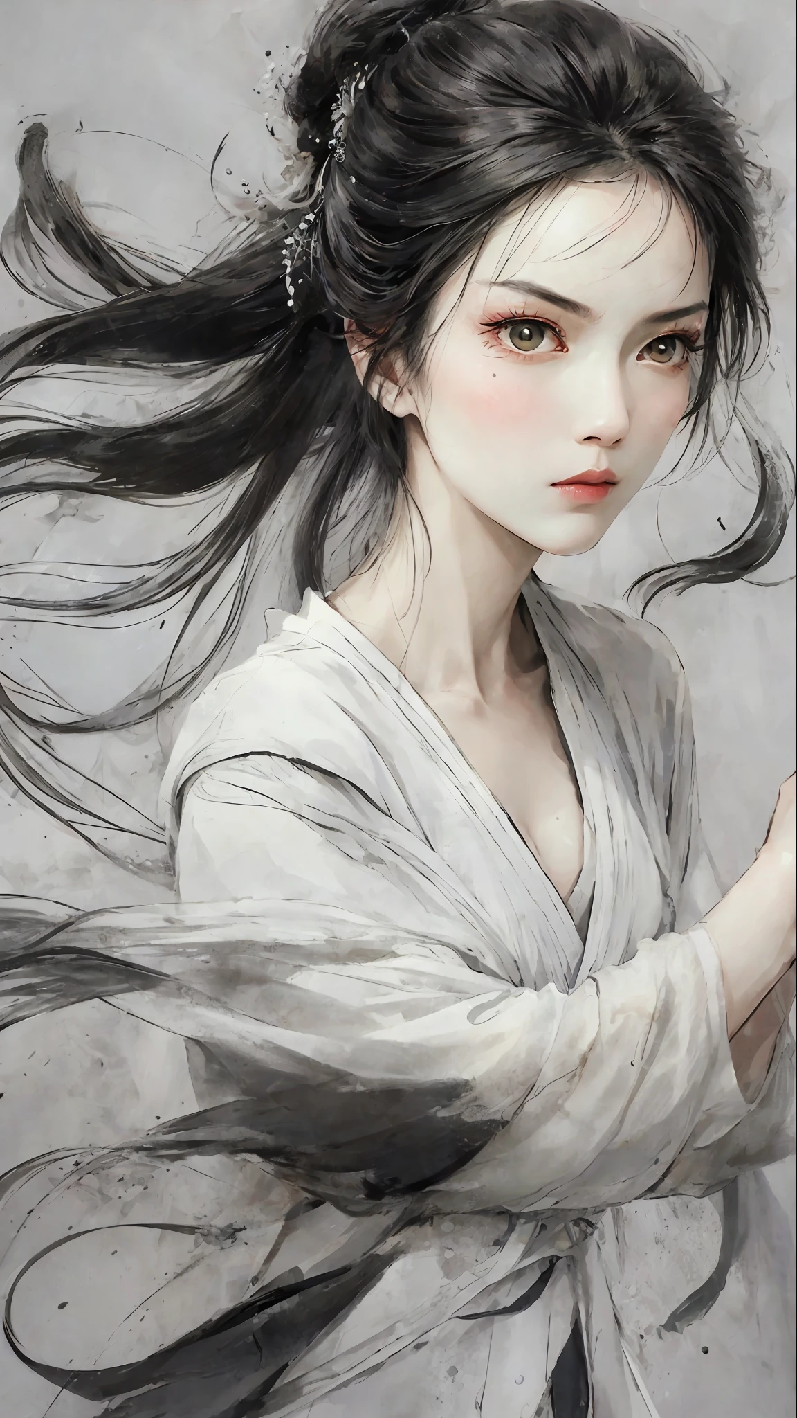 Close-up of a woman with black hair, martial arts style, white clothes, ink blending, extreme details, flowing hair, dynamic composition, perfect composition, black and white ink style, face delicate and colorful, light color, fierce eyes, martial arts style, national style, delicate and beautiful face, waist seal, sharp eyes