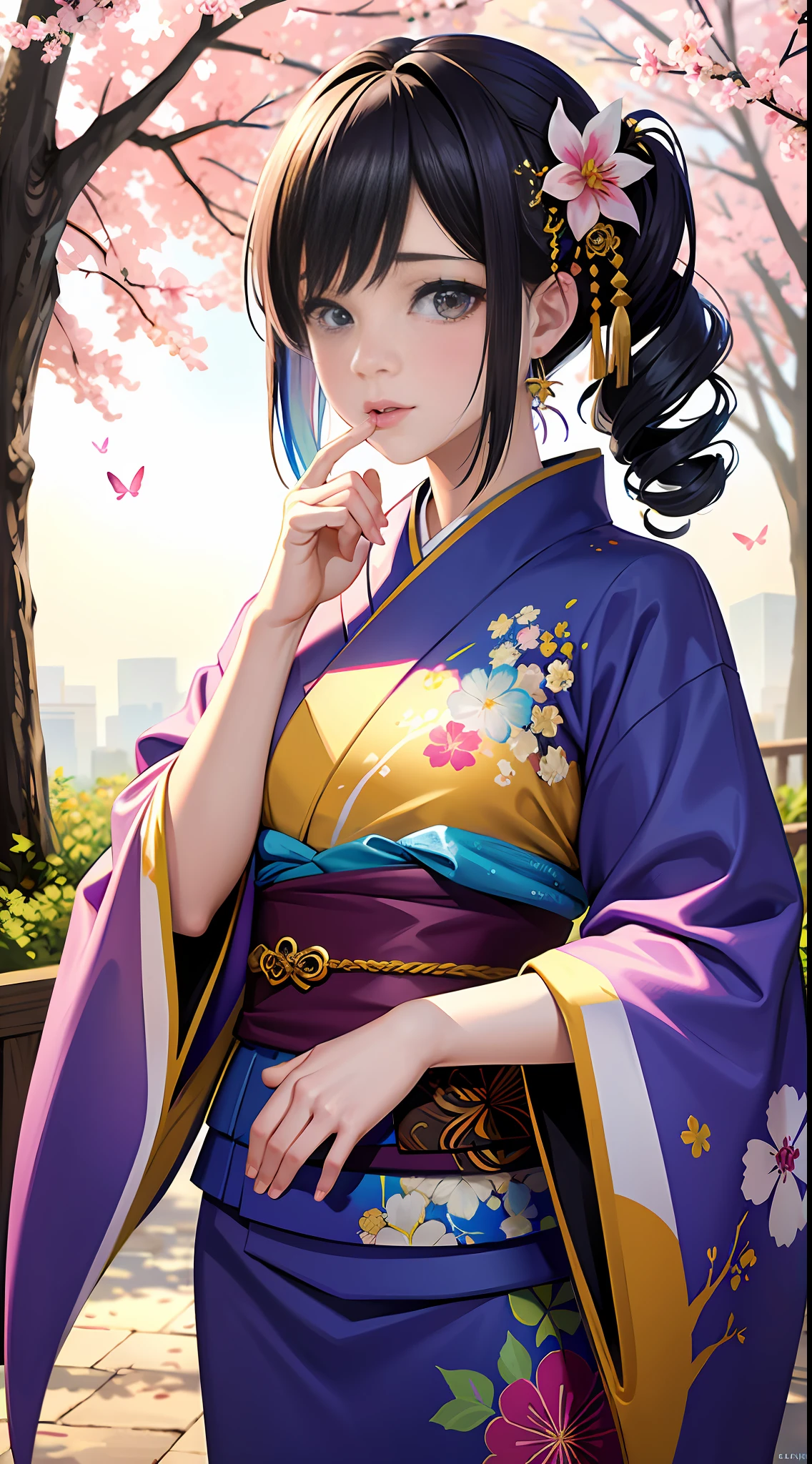 shukezouma, octane render, hdr, (hyperdetailed:1.15), (soft light, sharp:1.2), 1girl, beautiful girl, ultra detailed eyes, mature, plump, thick, rainbow painting drops, paint teardrops, woman made up from paint, entirely paint, splat, splash, long colored hair, kimono made from paint, ultra detailed texture kimono, rainbow paint kimono, paint bulb, paint drops, (hair ornaments, earrings, flowers hair ornaments, butterflies hair ornaments), outdoors, sakura trees