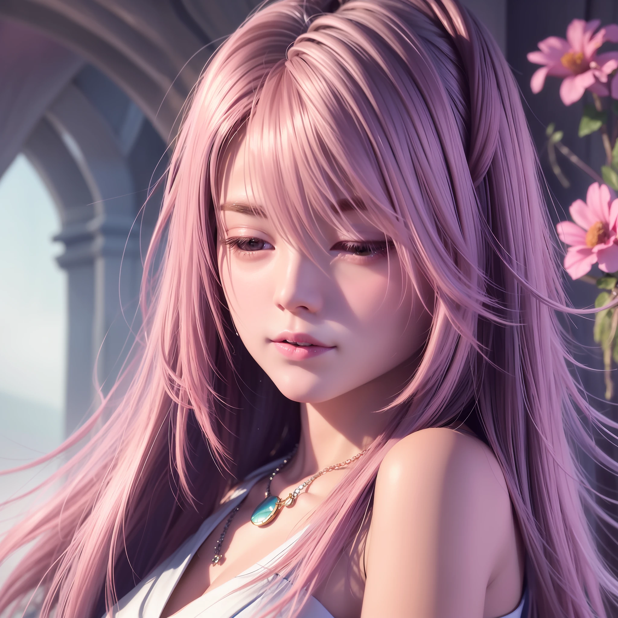 a close up of a woman with long pink hair and a necklace, photorealistic anime girl render, smooth anime cg art, realistic anime artstyle, detailed digital anime art, 3 d anime realistic, photorealistic anime, anime realism style, beautiful anime girl, 2. 5 d cgi anime fantasy artwork, realistic young anime girl, beautiful anime portrait, realistic anime 3 d style