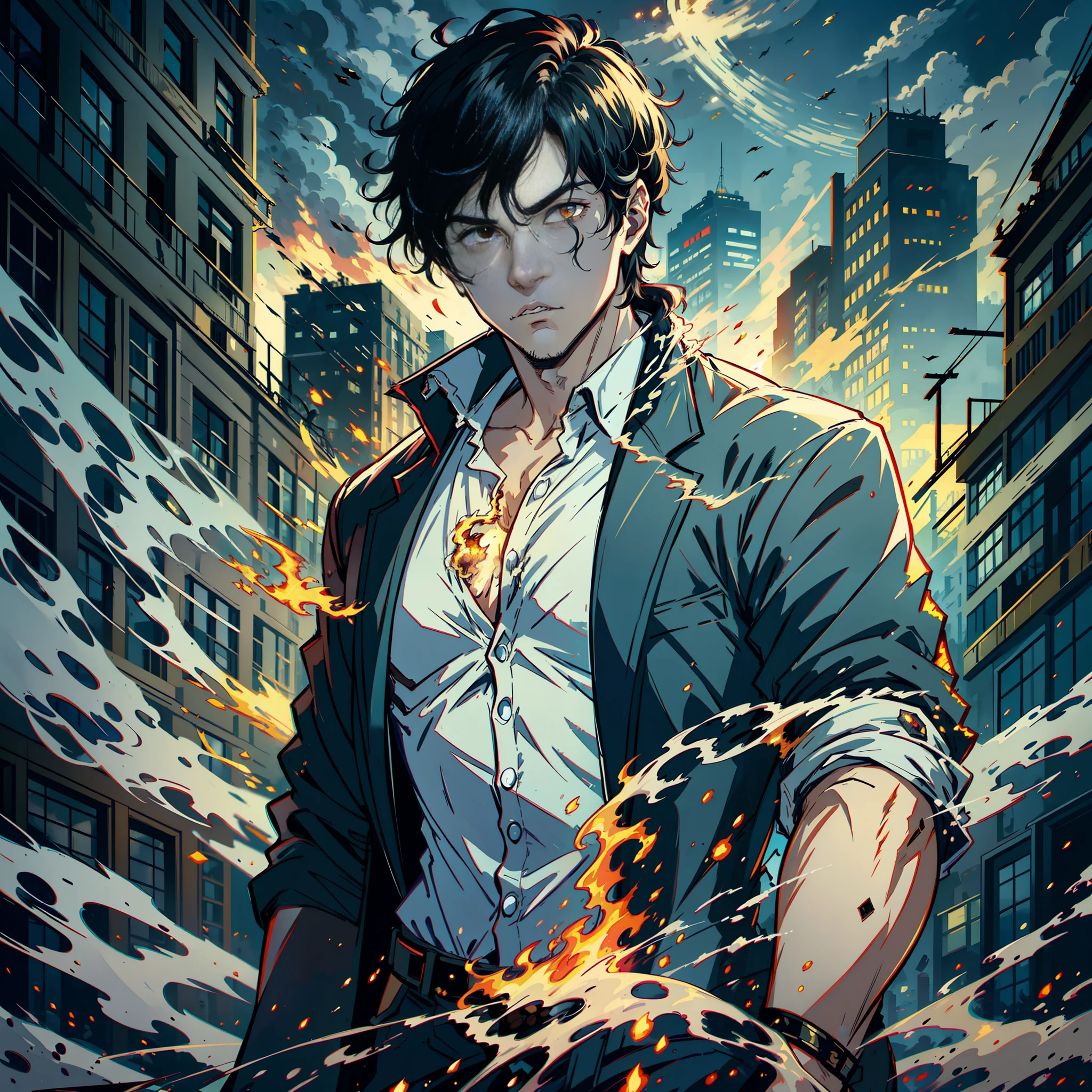 A handsome boy stands up, short black hair, characters super detailed, about to turn into zombies, front, collapsed buildings, rubble, fire +, billowing smoke, fear +, overturning, night, horror, half moon in the sky, end of the world, no blood, highly real, UHD, chiaroscuro, super high detail, energy flow around him