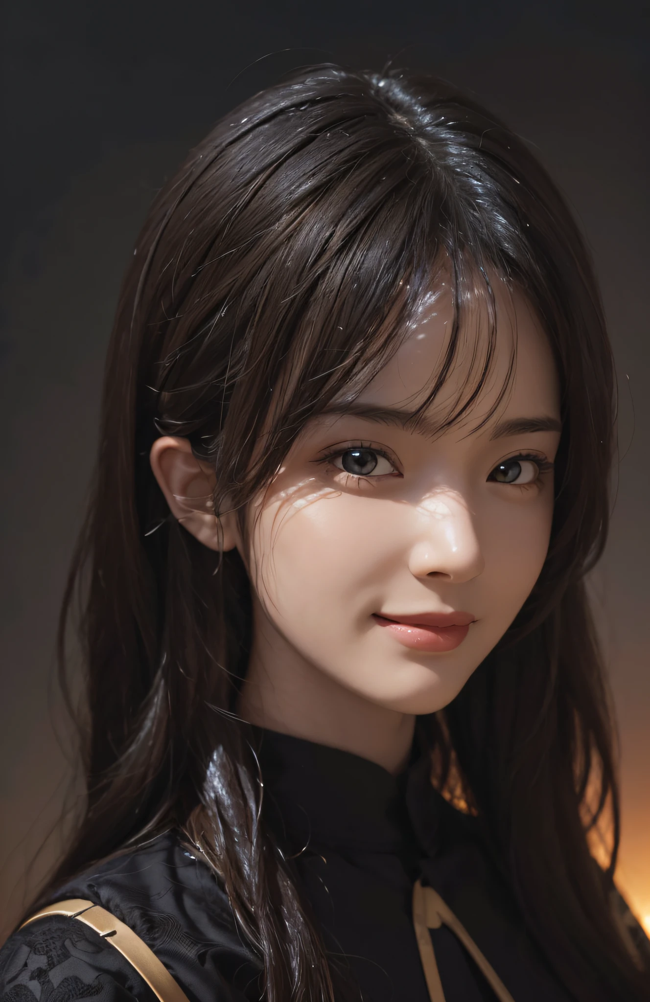 (Ultra Realistic), (Illustration), (Increased Resolution), (8K), (Extremely Detailed), (Best Illustration), (Beautiful and Detailed Eyes), (Best Quality), (Ultra Detailed), (Masterpiece ), ( wallpaper), (detailed face), solo, 1 girl, looking at viewer, fine details, detailed face, in the dark, deep shadows, low key, pureerosfaceace_v1, smiling, long hair, black shawl straight hair , 46 points oblique bangs