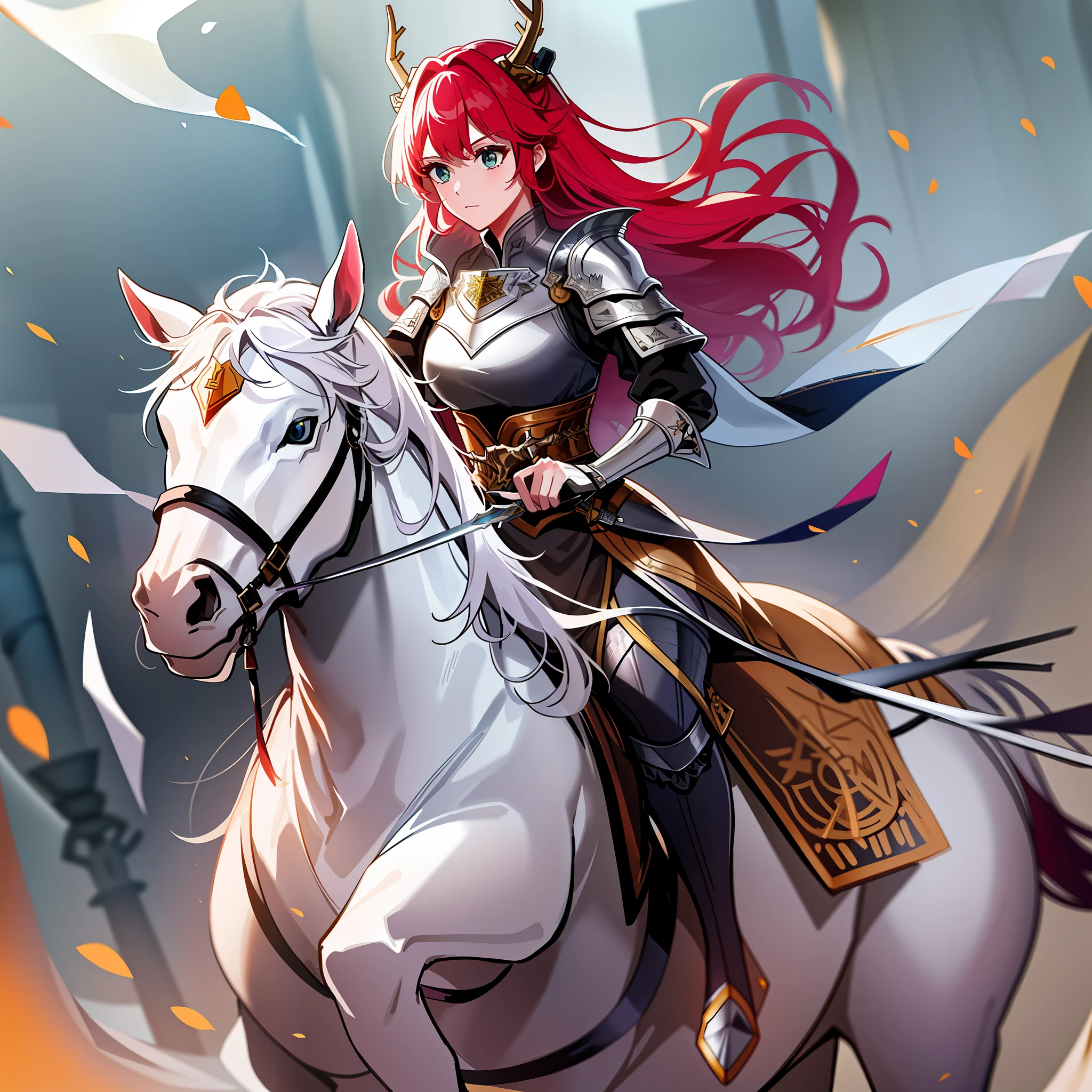 The girl rode a white horse, wearing silver armor, holding a green dragon moon knife, she had red hair, amber eyes, and a pair of antlers on her head, and she was a general who led the battle