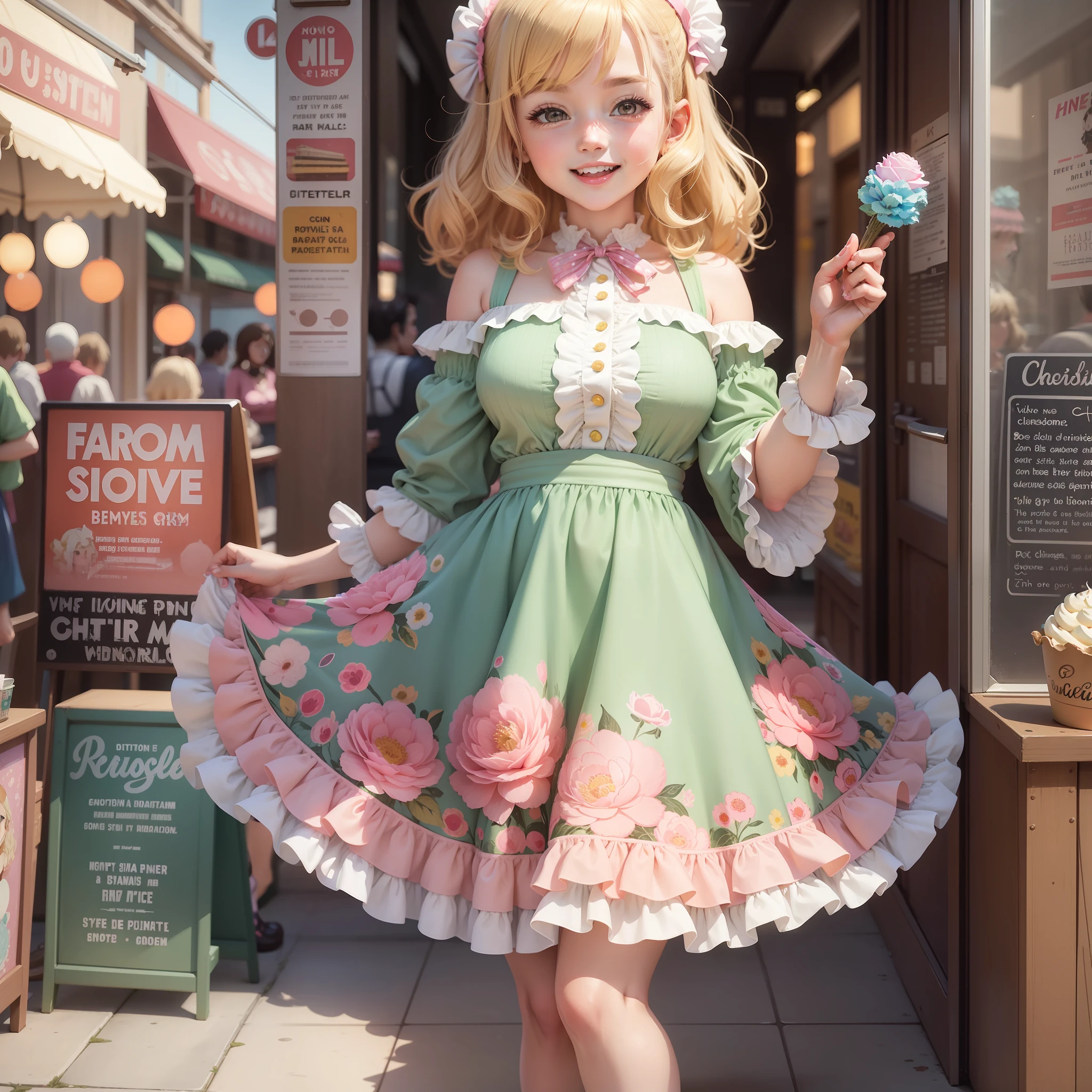 In anime, a cute girl with a retro vibe is depicted. She has a bright and cheerful style, infused with nostalgic elements. Her short, wavy, light beige hair is adorned with pops of color. Sometimes, she wears a small ribbon or flower headband. Her round face and plump cheeks accentuate her large, expressive eyes that sparkle in bright blue or green, often with winks and smiles.Her clothing reflects a retro style with vintage details like ruffles, lace, and floral patterns. Dressy dresses and skirts are paired with boleros or cardigans. Her footwear includes whimsical designs pretty pumps.Backgrounds portray pastel clouds or retro cityscapes. She can be found in ice cream parlors, record stores, retro game centers, or places filled with nostalgic charm.She is often depicted happily laughing and indulging in sweets. In the anime, she pursues adventures, friendships, and dreams, inspiring viewers with energy and hope.