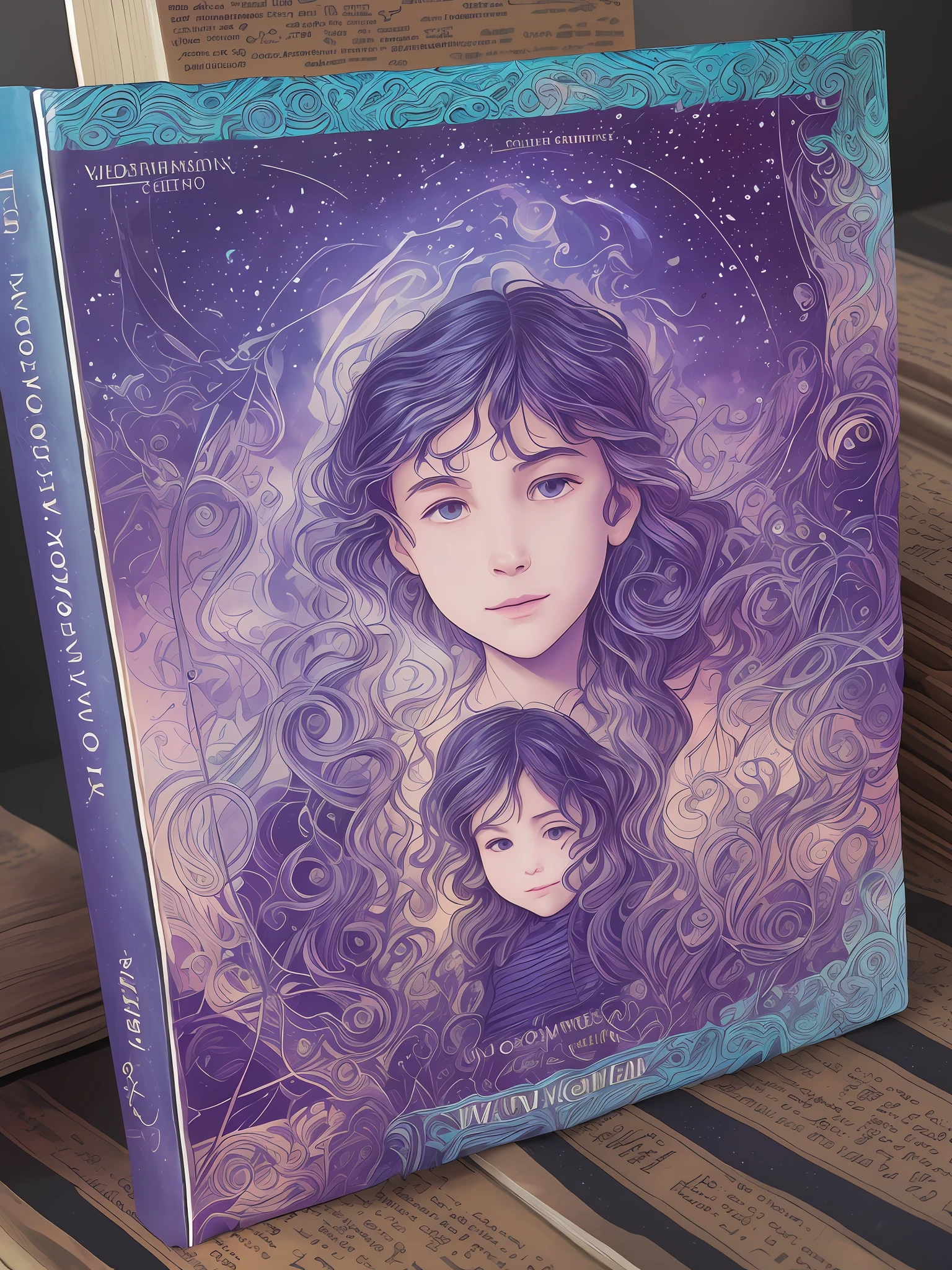 a close up of a book with a picture of two children, album cover!, incommensurate, by Juan Giménez, 【 sciart 💙💜 mson, moonstone, by Ivan Meštrović, detailed photo of an album cover, official artwork, zine cover, an album cover, by Vicente Juan Masip, josan gonzales!!!, tome