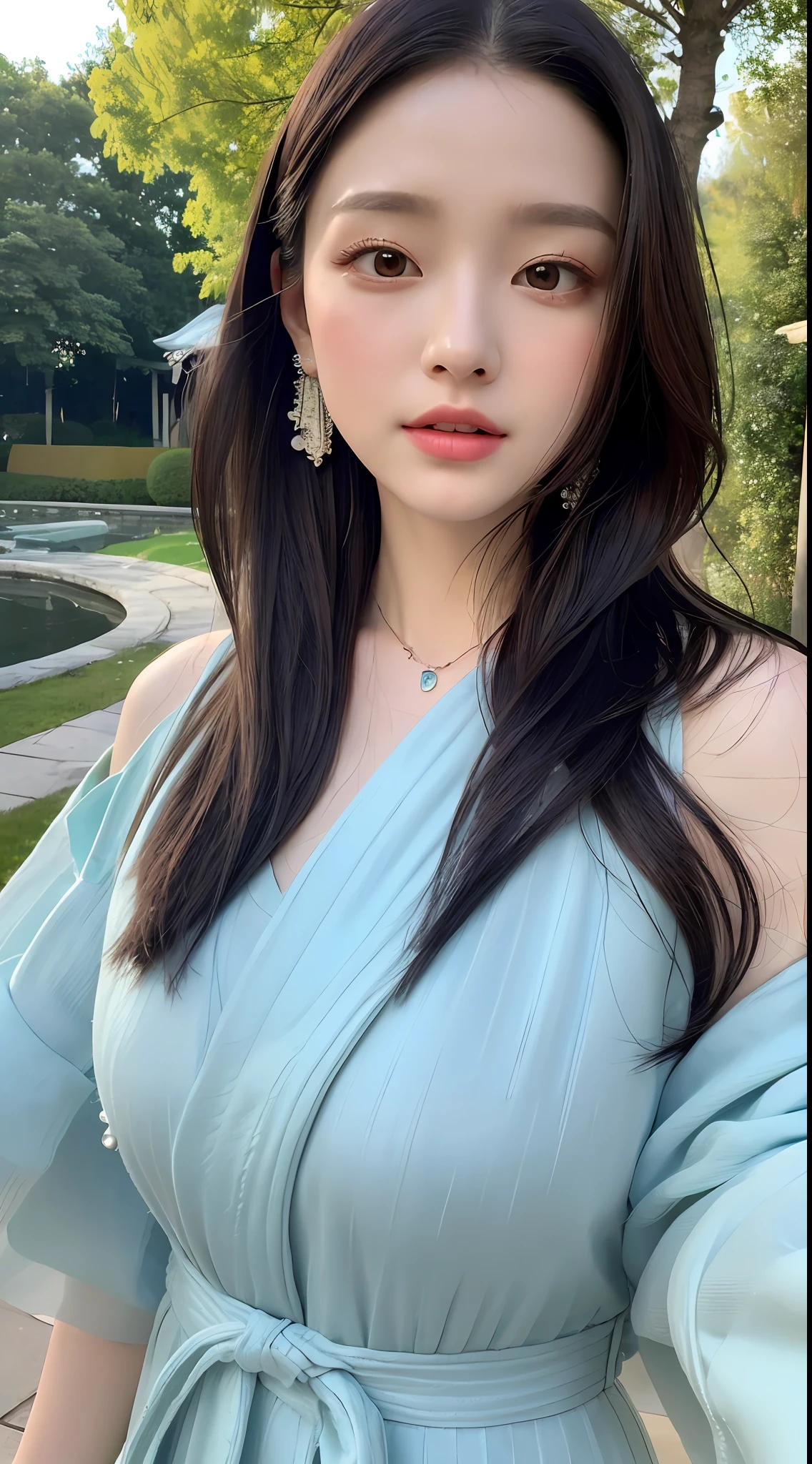 (Best Quality, Masterpiece, 8K, Ultra High Resolution, Realistic, Close-up, Blue Sky, Photon Mapping, Teleportion, Physically Based Rendering: 1.2), (Beautiful Fine Face and Smooth Forehead and Long Black Hair and Messy Hair: 1.2), (Random Color Clothes: 1.5), (Beautiful Face and Delicate Whitening of Face, Extremely Detailed 8K Color Filament Robe: 1.2), 1 Girl, Single, Hanfu, Lace, Silk Texture, (Young), Detailed Face, Shiny Skin, Intricate Details, looking at the audience, big eyes, earrings, hairpins, necklace with big breasts, slim body, architecture, east asia, riverside, forest, garden, arms sides,