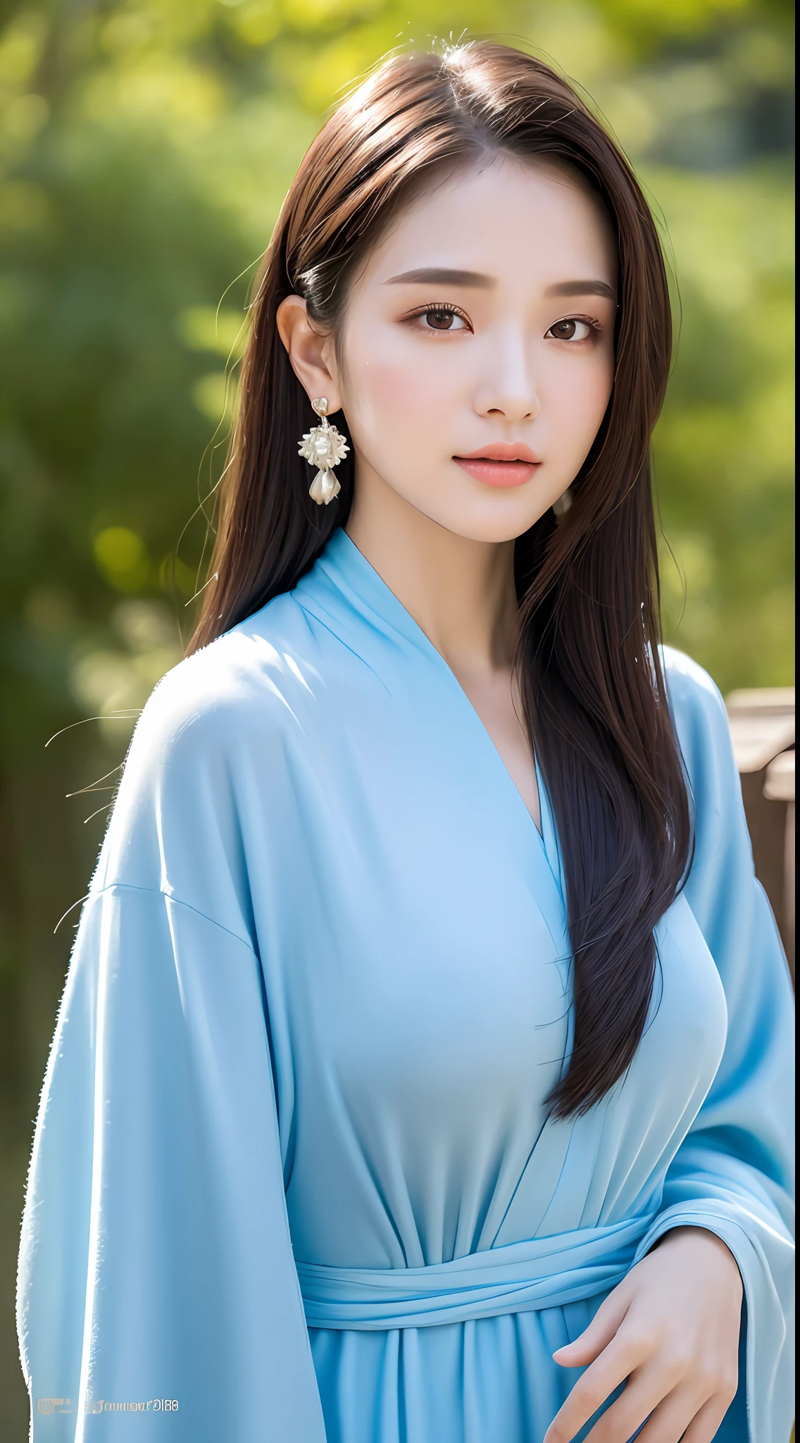 (Best Quality, Masterpiece, 8K, Ultra High Resolution, Realistic, Close-up, Blue Sky, Photon Mapping, Teleportion, Physically Based Rendering: 1.2), (Beautiful Fine Face and Smooth Forehead and Long Black Hair and Messy Hair: 1.2), (Random Color Clothes: 1.5), (Beautiful Face and Delicate Whitening of Face, Extremely Detailed 8K Color Filament Robe: 1.2), 1 Girl, Single, Hanfu, Lace, Silk Texture, (Young), Detailed Face, Shiny Skin, Intricate Details, looking at the audience, big eyes, earrings, hairpins, necklace with big breasts, slim body, architecture, east asia, riverside, forest, garden, arms sides,