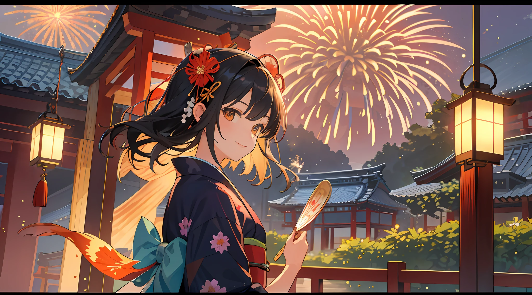 Top quality, masterpiece, intricate details, 1girl, subaru_kimono, (cute girl, yukata, morning glory, black hair), ((fireworks)),(wind chimes,goldfish,bubbles),hair bows, hair flowers, garden, summer, ((outdoor)), (East Asian architecture: 0.6), backlit, diffused lighting, smiles, traditional Japan Japanese atmosphere: 1.2),(Sunset: 1.1))