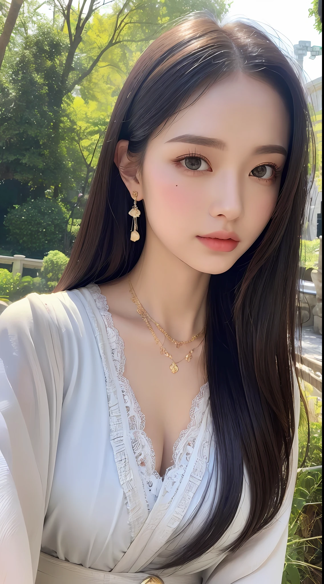 (Best Quality, Masterpiece, 8K, Ultra High Resolution, Realistic, Close-up, Blue Sky, Photon Mapping, Teleportion, Physically Based Rendering: 1.2), (Beautiful Fine Face and Smooth Forehead and Long Black Hair and Messy Hair: 1.2), (Random Color Clothes: 1.5), (Beautiful Face and Delicate Whitening of Face, Extremely Detailed 8K Color Filament Robe: 1.2), 1 Girl, Single, Hanfu, Lace, Silk Texture, (Young), Detailed Face, Shiny Skin, Intricate Details, looking at the audience, big eyes, earrings, hairpins, necklace with big breasts, slim body, architecture, east asia, riverside, forest, garden, arms sides,