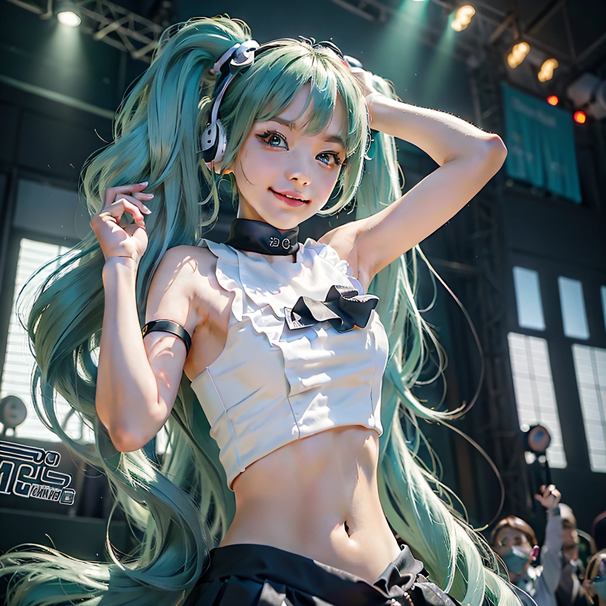 Masterpiece, highest quality, high resolution), miku hatsune \(vocaloid\),hatsunemiku,hatsune miku,twin tails,hair tied high,,little face,little face,little face,girl,teens,smile,smile,pretty girl,stage,concert,best quality,super detailed,single woman,solo,standing,green hair,green hair,green haired woman,green haired woman,green eyes,green eyes,eyes are green, bangs, smiling, (evil: 1.2), watching the viewer, (interview: 1.3), hyper detail, hyper realistic, one girl, upper_body photoreal stick, realistic girl, beautiful lashes, super detailed face, super detailed hands, super clean hands, super beautiful hair, super delicate body, upper body, mouth open, down out, down, bello , concert venue, idol, face young, teen, 16 years old, cute, light in the eyes, wink, wink, headphones, light from behind, illuminated by light