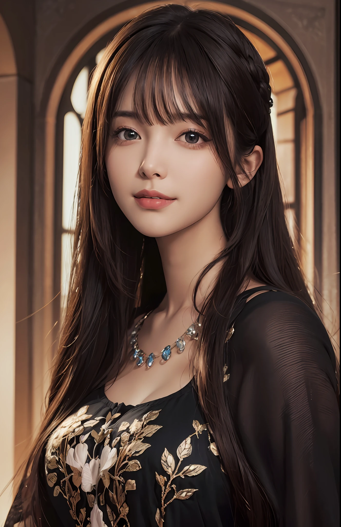 (Ultra Realistic), (Illustration), (Increased Resolution), (8K), (Extremely Detailed), (Best Illustration), (Beautiful and Detailed Eyes), (Best Quality), (Ultra Detailed), (Masterpiece ), ( wallpaper), (detailed face), solo, 1 girl, looking at viewer, fine details, detailed face, in the dark, deep shadows, low key, pureerosfaceace_v1, smiling, long hair, black shawl straight hair , 46 points oblique bangs