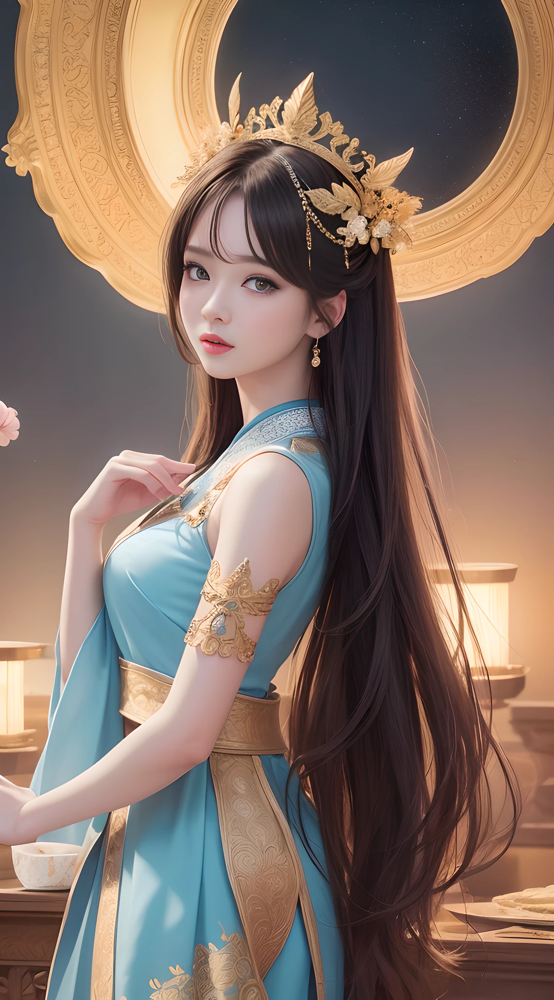 Masterpiece, Best Quality, Rich Detail, Real Skin: 1.8, Realism: 1.3, Pale Skin), (8k, RAW photo: 1.2), Best Quality, Ultra High Res, Dramatic Angle, (fluttered detailed color splashes), (illustration), (((1 girl))), (Long hair), ( rain:0.9), (headdress: 1.4), there is an ancient palace next to the girl, Hanfu, (emphasis), color ink painting, (splash color), splash color, (((colorful))), (sketch: 0.8), Masterpiece, best quality, beautiful painted, highly detailed, (denoising:0.6), [splash ink], ((ink refraction)), (beautiful detailed sky), moon, highly, detailed, (masterpiece, best quality, extremely detailed) CG unity 8k wallpaper, masterpiece, best quality, super detailed), (garlic),