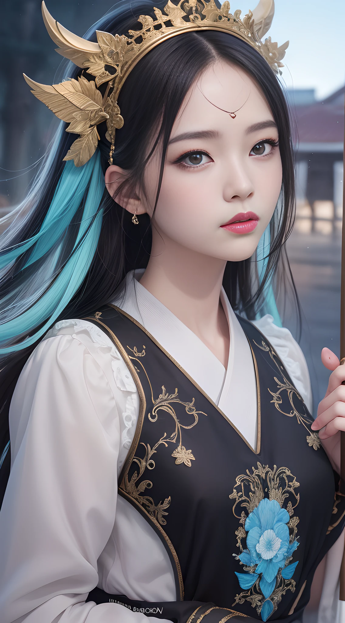 Masterpiece, Best Quality, Rich Detail, Real Skin: 1.8, Realism: 1.3, Pale Skin), (8k, RAW photo: 1.2), Best Quality, Ultra High Res, Dramatic Angle, (fluttered detailed color splashes), (illustration), (((1 girl))), (Long hair), ( rain:0.9), (headdress: 1.4), there is an ancient palace next to the girl, Hanfu, (emphasis), color ink painting, (splash color), splash color, (((colorful))), (sketch: 0.8), Masterpiece, best quality, beautiful painted, highly detailed, (denoising:0.6), [splash ink], ((ink refraction)), (beautiful detailed sky), moon, highly, detailed, (masterpiece, best quality, extremely detailed) CG unity 8k wallpaper, masterpiece, best quality, super detailed), (garlic),