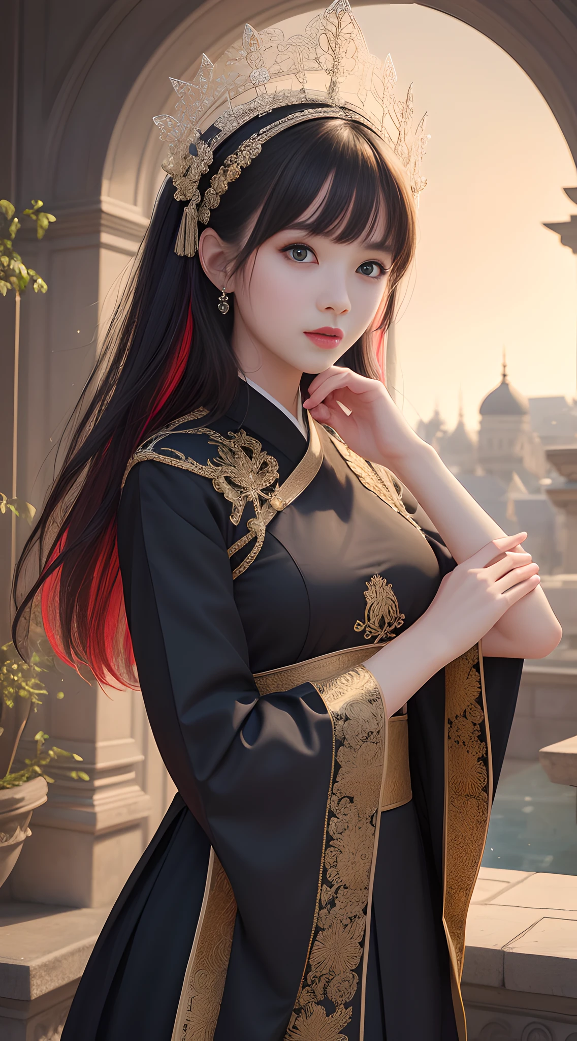 Masterpiece, Best Quality, Rich Detail, Real Skin: 1.8, Realism: 1.3, Pale Skin), (8k, RAW photo: 1.2), Best Quality, Ultra High Res, Dramatic Angle, (fluttered detailed color splashes), (illustration), (((1 girl))), (Long hair), ( rain:0.9), (headdress: 1.4), there is an ancient palace next to the girl, Hanfu, (emphasis), color ink painting, (splash color), splash color, (((colorful))), (sketch: 0.8), Masterpiece, best quality, beautiful painted, highly detailed, (denoising:0.6), [splash ink], ((ink refraction)), (beautiful detailed sky), moon, highly, detailed, (masterpiece, best quality, extremely detailed) CG unity 8k wallpaper, masterpiece, best quality, super detailed), (garlic),