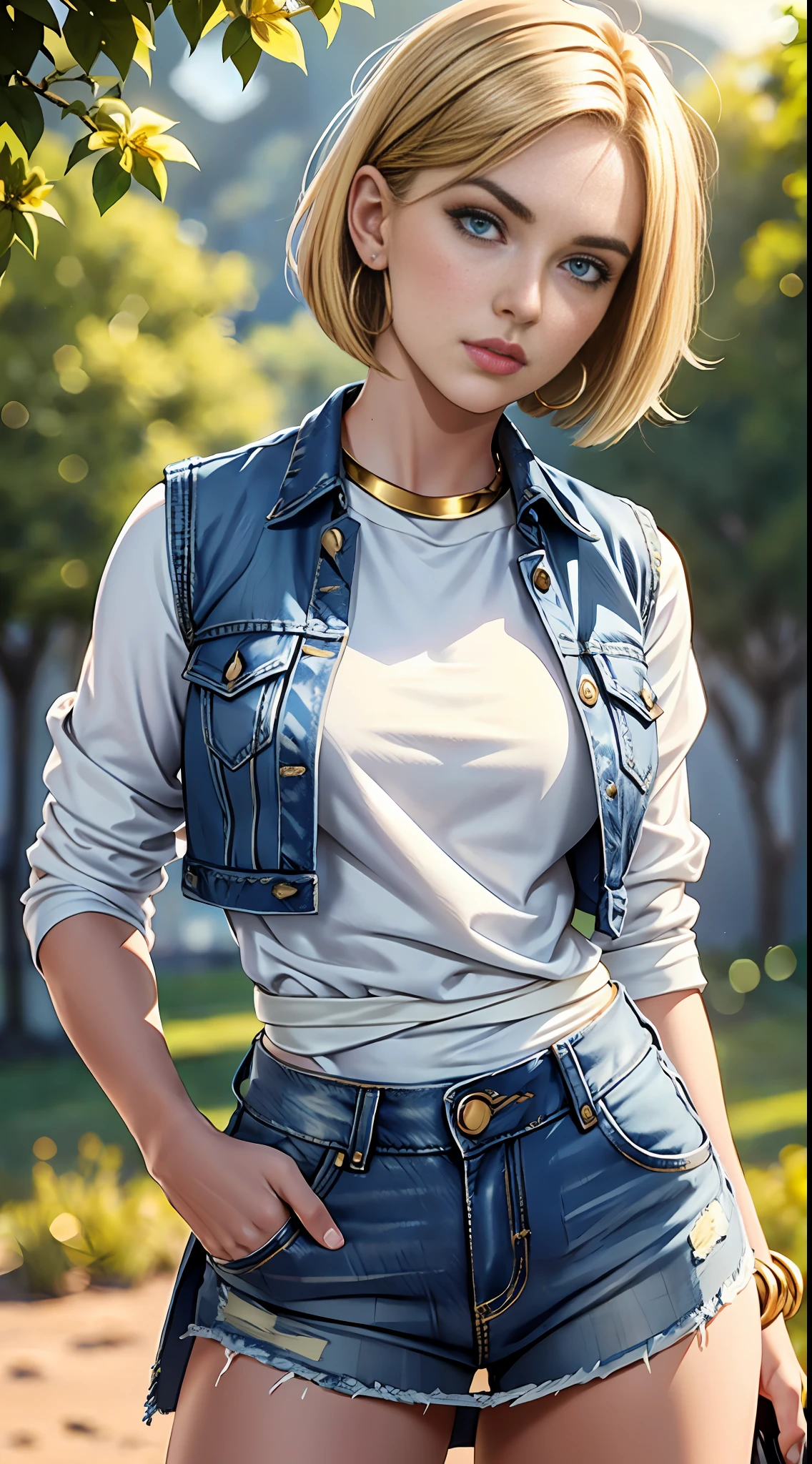 20-year-old woman, (android_18), (perfect face), well-defined chin, beautiful lips, (short gold straight Bob haircut), (beautiful bright blue eyes), (perfect anatomy), sports body, (sexy), (perfect hands), (hands on waist), small simple gold earrings, (blue denim vest without buttons under black shirt), (long white striped sleeves), (denim skirt), (black pants), (medium shot photo), (country background), realistic