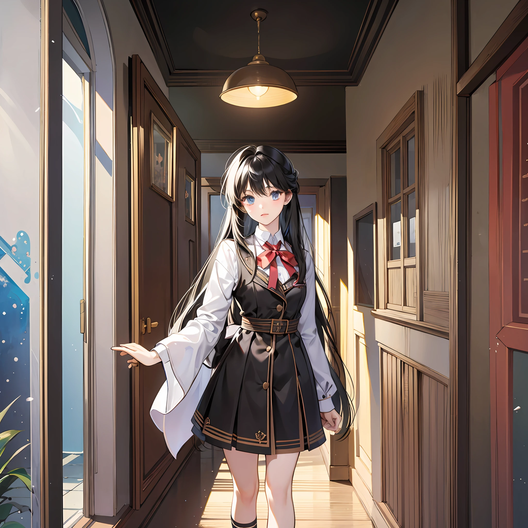 night. When I opened the door, there was a girl standing there. She's cute and has long black hair. she's in high school. in anime style,best quality, masterpiece, ultra high res --auto --s2
