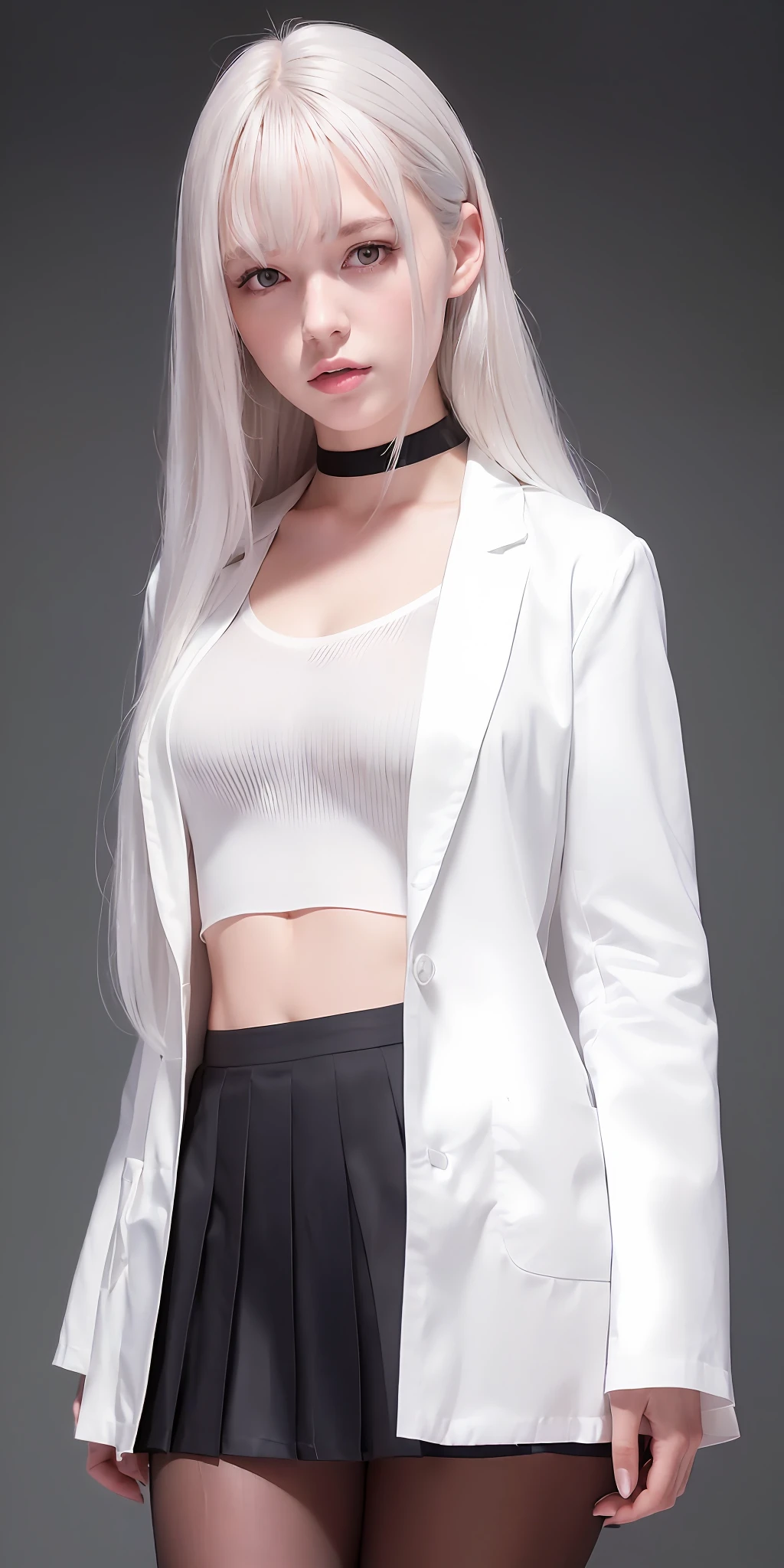 ((Half a white lab coat on the outside), shirt, pleated skirt, (black pantyhose), [: (Face Details: 1.2): 0.2], raw photo, (highest quality), high resolution, (realistic, photorealistic: 1.2), ultra high definition, physically based rendering, one girl, air bang, long hair, (silver) hair), wavy hair,