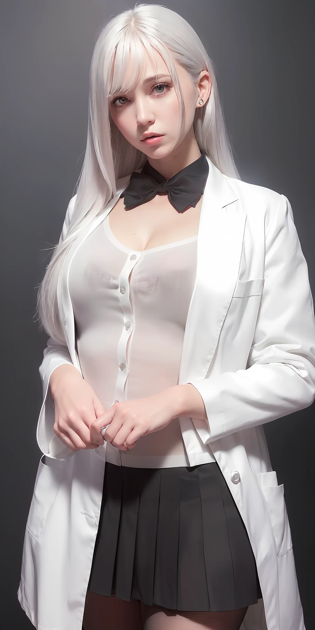 ((Half a white lab coat on the outside), shirt, pleated skirt, (black pantyhose), [: (Face Details: 1.2): 0.2], raw photo, (highest quality), high resolution, (realistic, photorealistic: 1.2), ultra high definition, physically based rendering, one girl, air bang, long hair, (silver) hair), wavy hair,