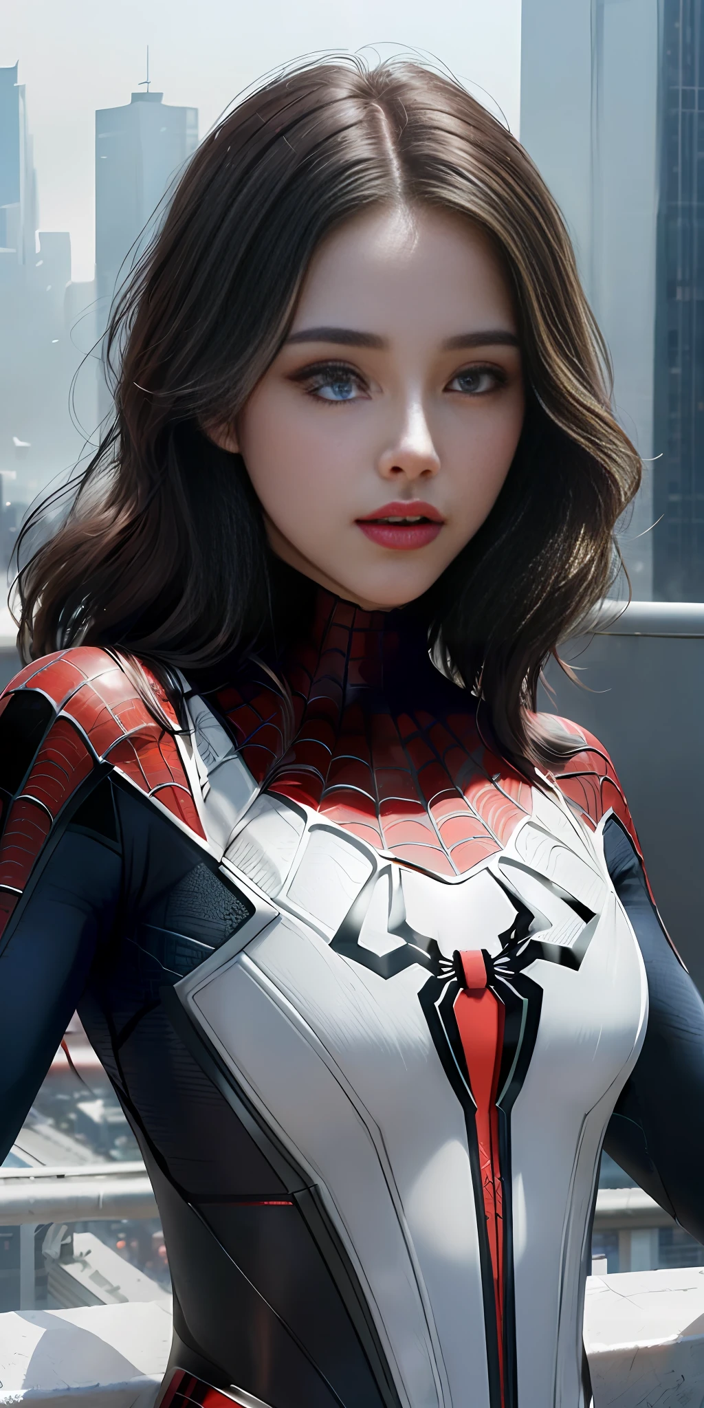 (1girl:1.3), Solo, (((Very detailed face)))), ((Very detailed eyes and face)))), Beautiful detail eyes, Body parts__, Official art, Unified 8k wallpaper, Super detailed, beautiful and beautiful, beautiful, masterpiece, best quality, original, masterpiece, super fine photo, best quality, super high resolution, realistic realism, sunlight, full body portrait, amazing beauty, dynamic pose, delicate face, vibrant eyes, (from the front), She wears Spider-Man suit, red and black color scheme, spider, very detailed city roof background, rooftop, overlooking the city, detailed face, detailed complex busy background, messy, gorgeous, milky white, highly detailed skin, realistic skin details, visible pores, clear focus, volumetric fog, 8k uhd, DSLR, high quality, film grain, fair skin, photo realism, lomography, futuristic dystopian megalopolis, translucent