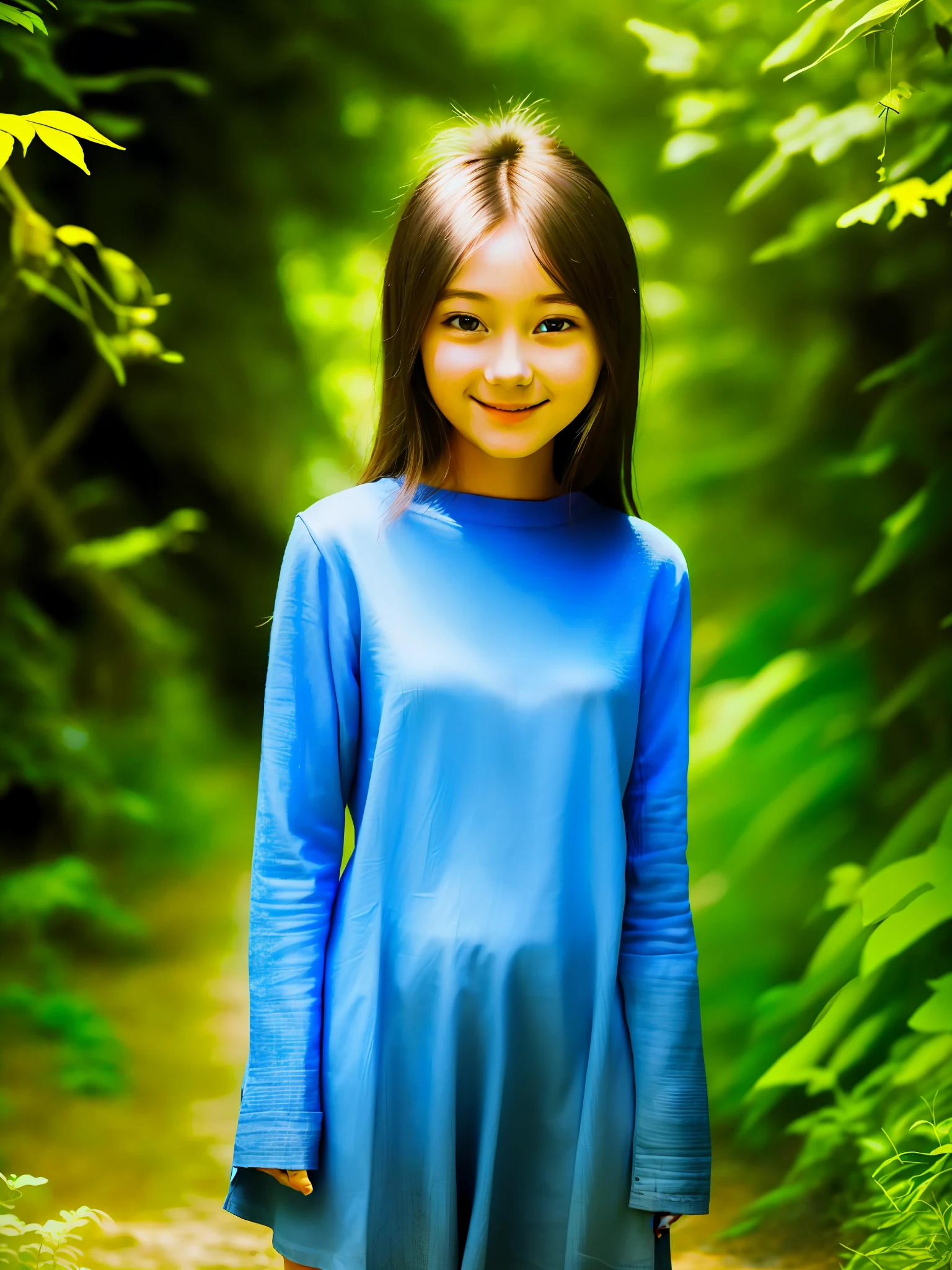 A pure, simple girl, 24 years old, standing quietly in the background of nature, every detail is very real, her skin, light hair and slightly smiling expression are very natural.