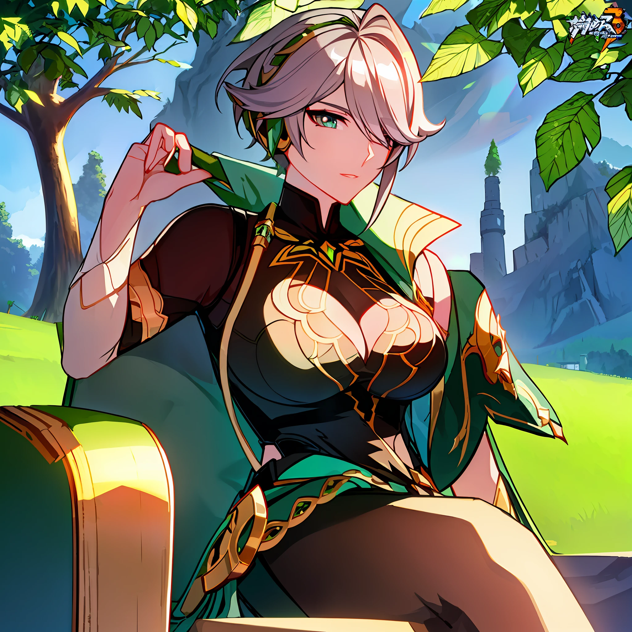 masterpiece, best quality,((ultra-detailed)), (illustration), ((an extremely delicate and beautiful)), solo, calm Expression (beautiful detailed eyes),(bright eyes) ,(detailed light),solo, bangs over one eye, green_eyes, headphones, short_hair, grey_hair, extremely detailed background, green trees, outdoor, sitting under a tree, elbow black gloves, sleeveless shirt, green cape, big breasts