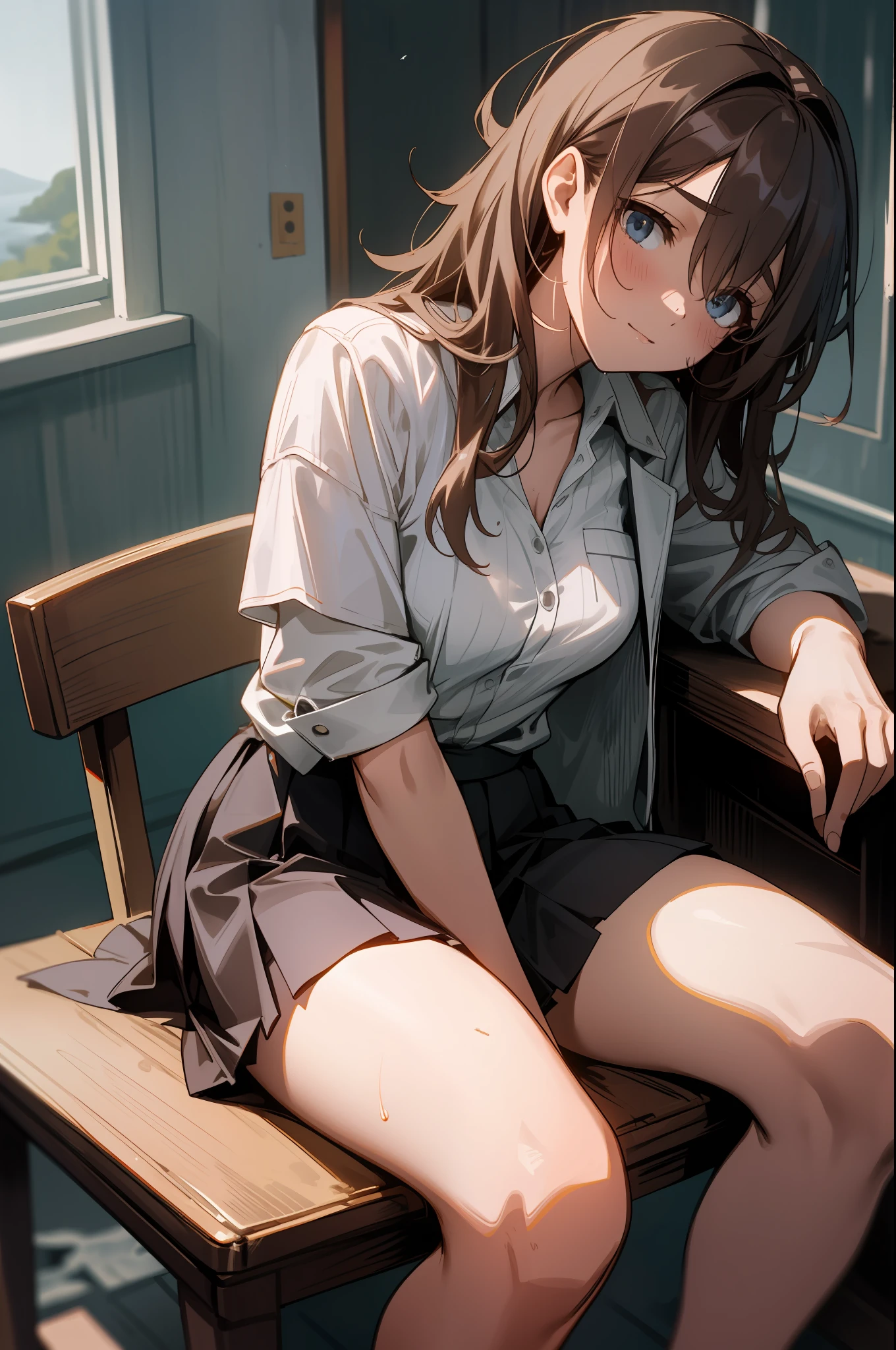 Arti future anime. Birds eye view, dirty woman sitting on chair in dilapidated house, wet messy hair over eyes, detailed bodycon shirt and pleated skirt. vixip, close-up landscape, hurt. Hand drawing, cinematic lighting, highly detailed. White, brown, red. Perfect composition, masterpiece, best quality, 4k, sharp focus. perfect anatomy.