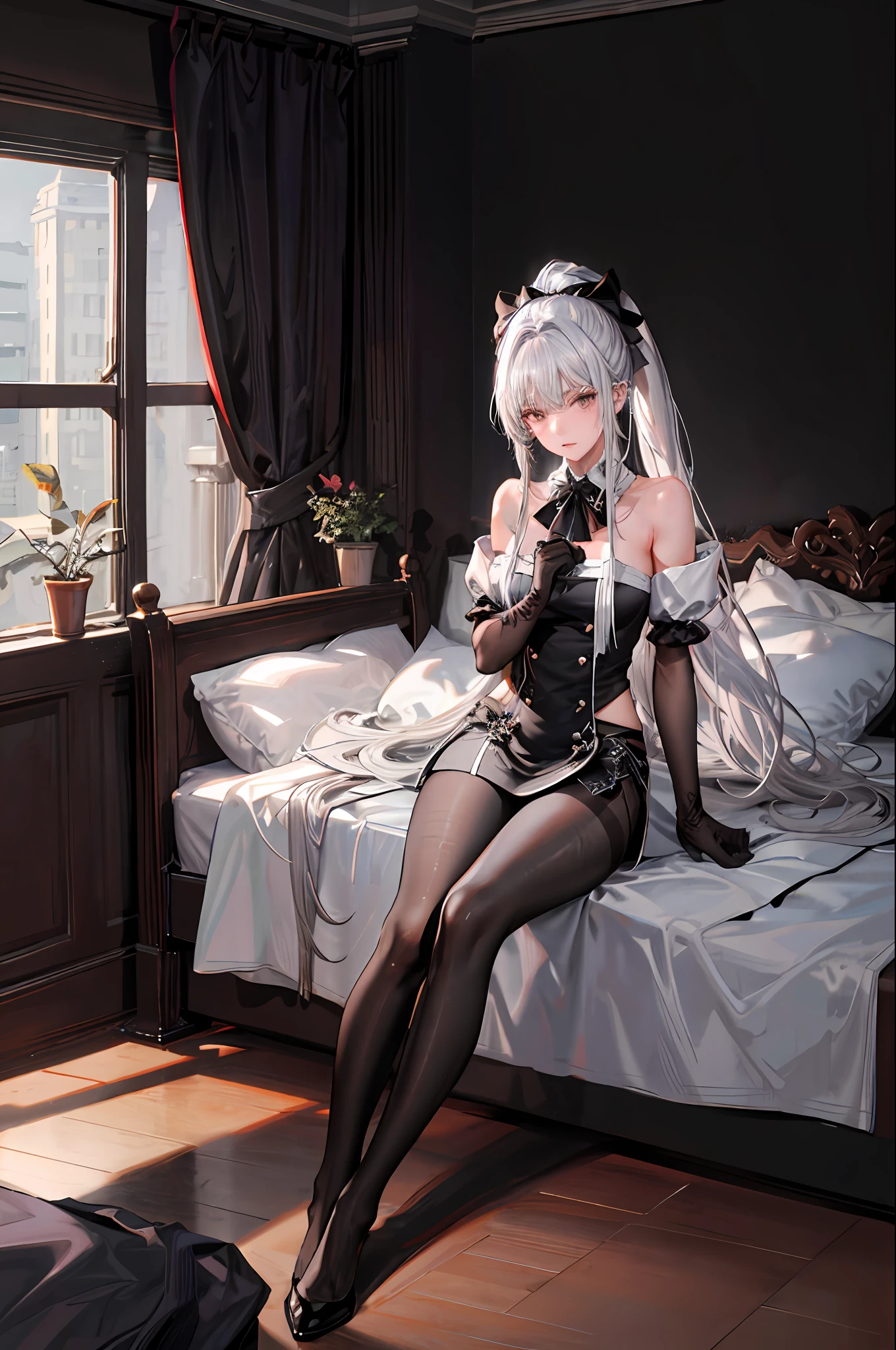 1 girl)), ray tracing, (dim lighting), [detailed background (bedroom)), ((silver hair)), ((silver hair)), (fluffy silver hair, plump and slim girl)) with high ponytail))) Avoid blonde eyes in the ominous bedroom (((girl wears intricately embroidered black high-waisted pants with pantyhose) and white ruffled bow gloves), showing a delicate slim figure and graceful curves, correct limbs, sitting on the bed