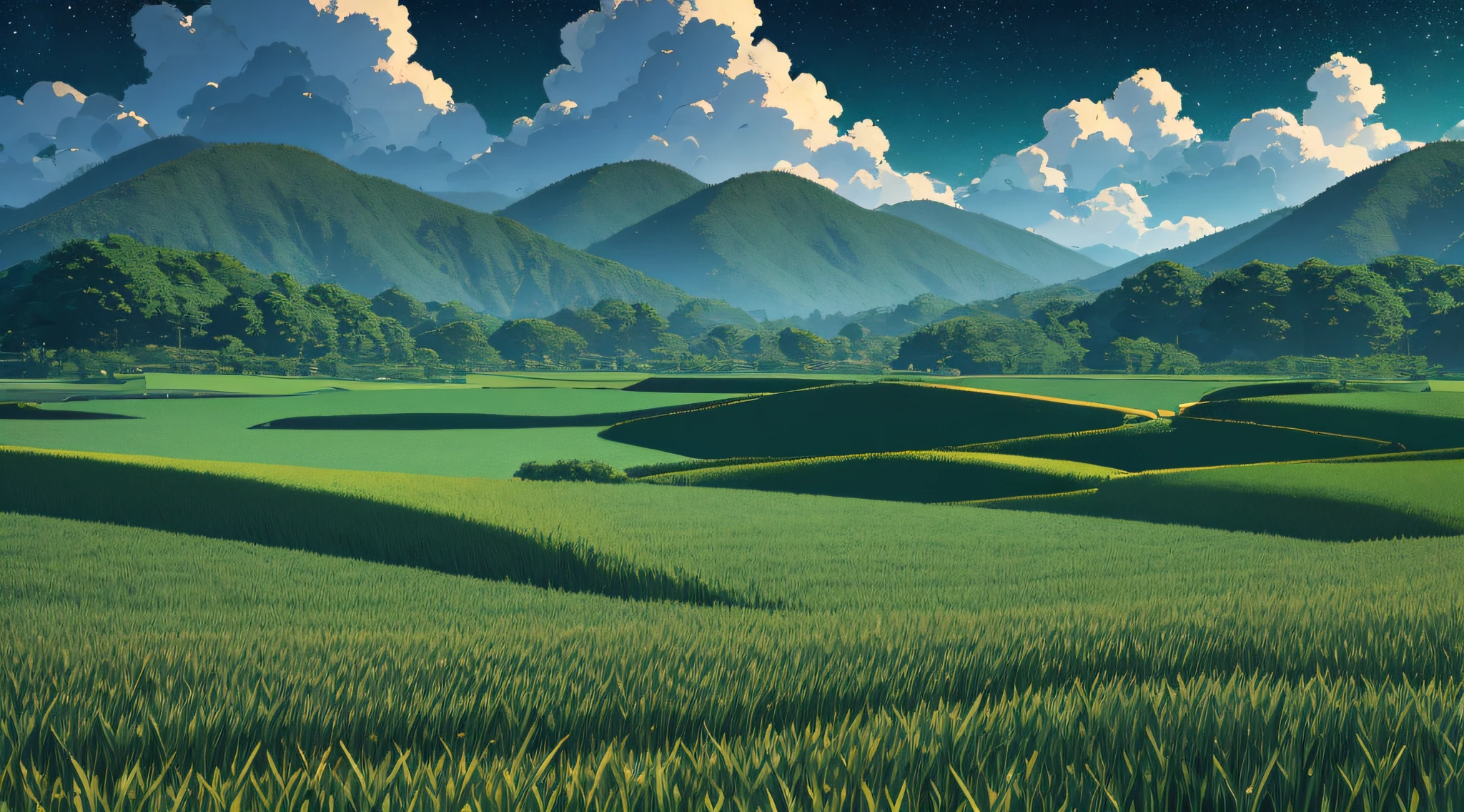 Endless emerald green wheat fields, There is a creek, High mountains in the distance, Miyazaki's clouds, blue sky, rice fields, There are neat rice seedlings in the field, forest, hillside, Be quiet, rural, Illustration, Shinkai Makoto style, high-definition details, hyper-detail, Movie, hyperrealistc, Soft light, Deep field focus bokeh, ray tracing and surrealism. , Ghibli-like colours --auto --v6 --s2