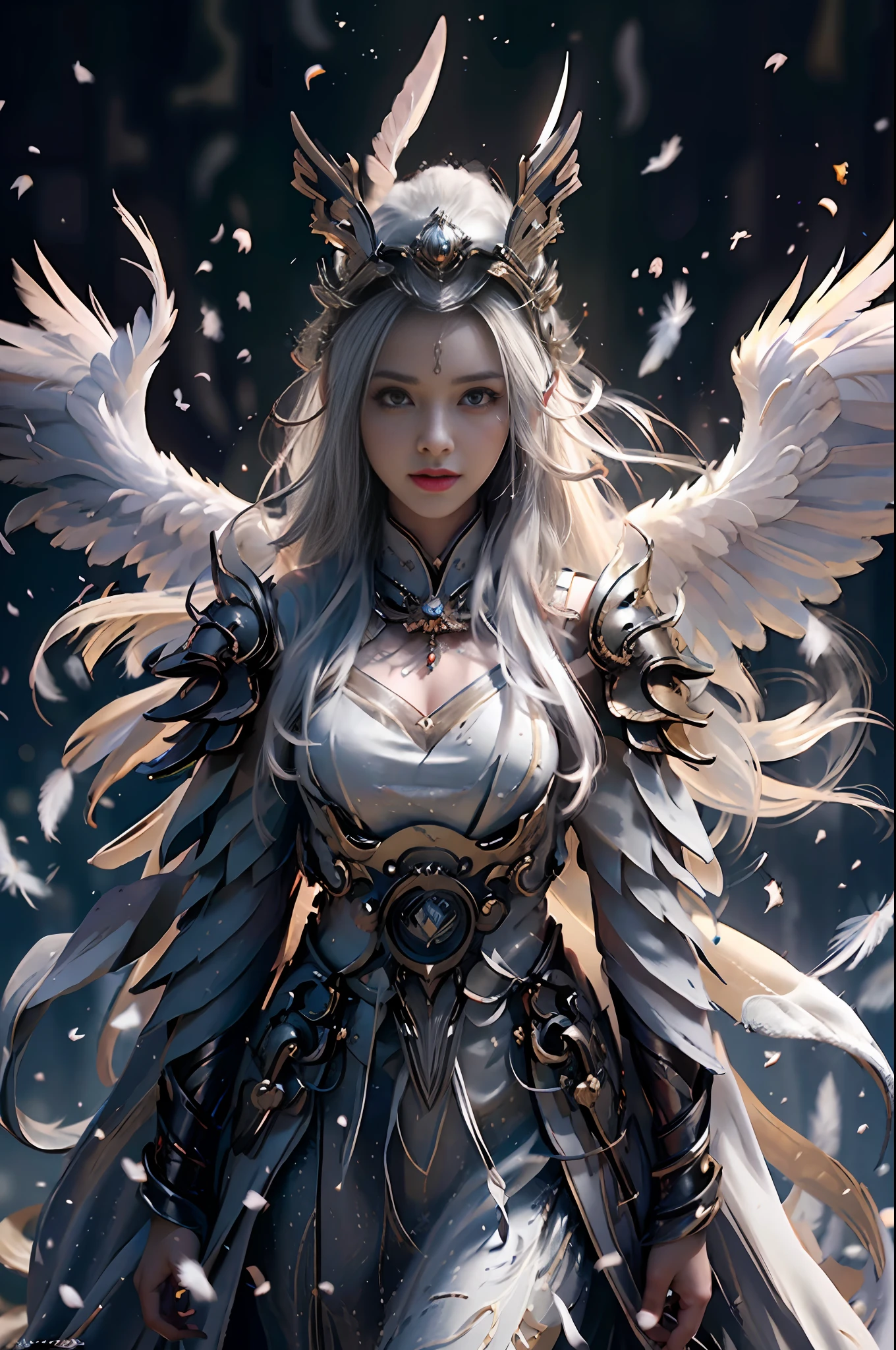 (RAW Photo, Best Quality), (Realistic, Photorealistic Real: 1.3), Best Quality, Highly Detailed, Masterpiece, Hyper Detail, Illustration, 1 Girl, Big Eyes, Smiling, White Hair, White Wedding Dress, Feather Headgear, Wielding a Big Sword, upper_body, Dynamic Angle, World Mastery Theater, Flying Long Hair, Fluores cent white, Dynamic fire inbackground, best quality, extremely detailed CG unified 8k wallpaper, ink, amazing, cinematic lighting, lens_flare, wuxia_style