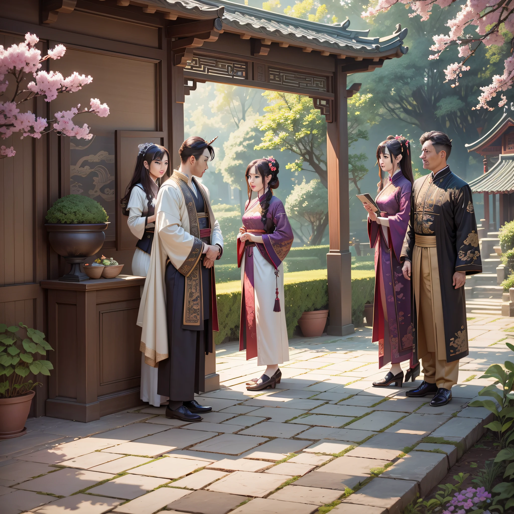 Masterpiece, Excellent, Lakeside, Outdoor, Daytime, 3 Men and 2 Women, Middle-aged Men, Middle-aged Women, Chinese Style, Ancient Chinese, Dark Clothes, Dark Brown Hair, Handsome, Masculine, Pretty, Gentle, Unicorn Pattern, Branches --auto --s2