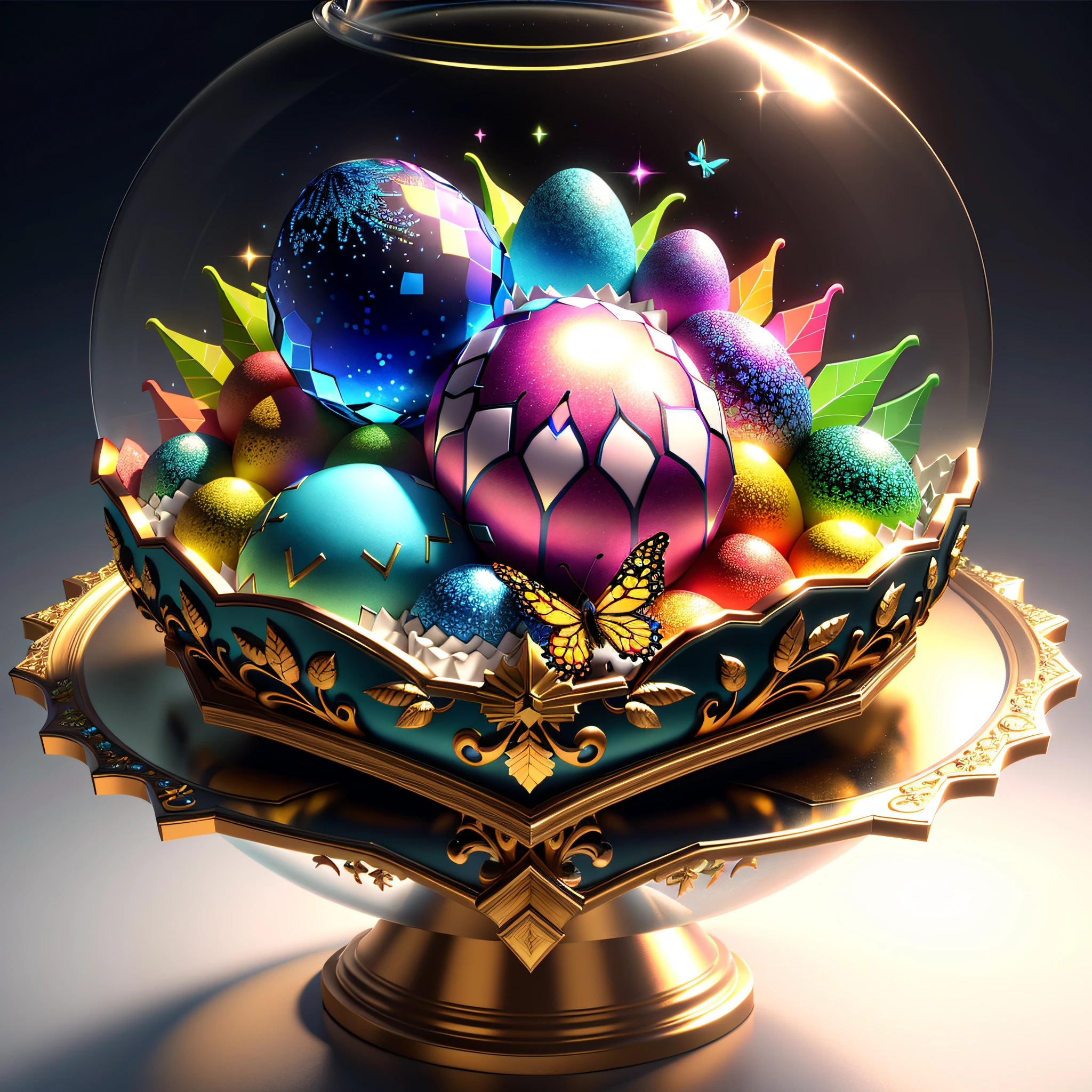 Brightly colored cake with glass dome and butterfly on top, ornate eggs, magical frozen ice phoenix eggs and fairy fruits. octane rendering, rendering art, 3d rendering digital art, cinema 4d colorful rendering, colorful redshift rendering, captivating terrarium graphics, ray tracing, made of multicolored crystals. Fractal crystal, ultra-detailed color low poly art, does not cut the top