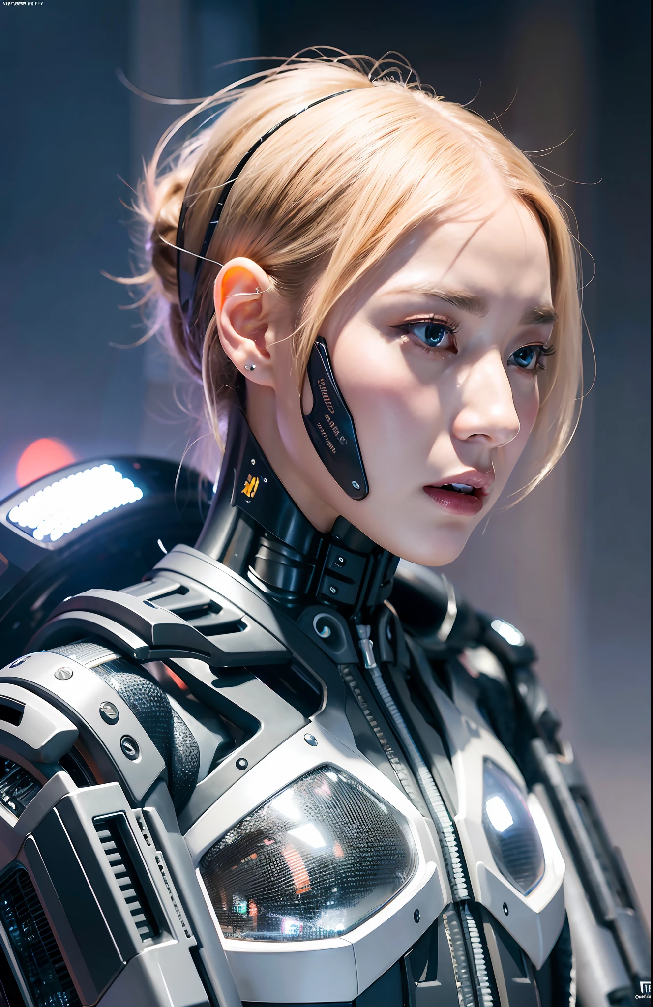 Complex 3d render ultra-detailed beautiful porcelain profile female android face, cyborg, robot parts, 150mm, beautiful studio soft lights, rim lights, vivid details, gorgeous cyberpunk, racing, surreal, anatomical , facial muscles, cable wires, microchip, elegant, beautiful background, octane rendering, HR Giger style, 8k, top quality, masterpiece, illustration, very delicate and beautiful, highly detailed, CG, uniform, wallpaper, ( Realistic, Photorealistic: 1.37), Awesome, Finely detailed, Masterpiece, Top quality, Official art, Highly detailed CG unity 8k wallpaper, Absurd, Incredibly absurd, Robot, Silver Halmet, Full body, Sitting