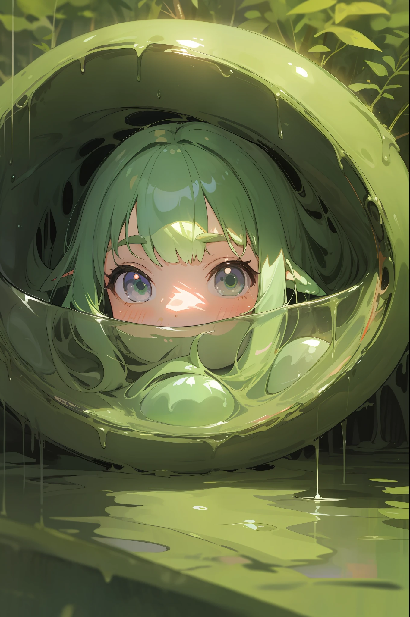 living inside a slime, lofi music, deep in the forest, lofi girl, cute,