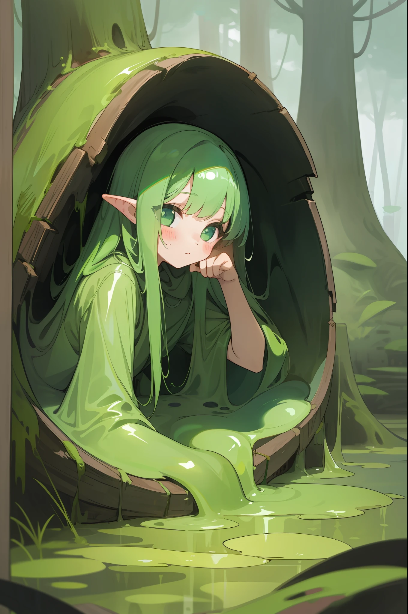 little girl living inside a slime, lofi music, deep in the forest, lofi girl, cute,