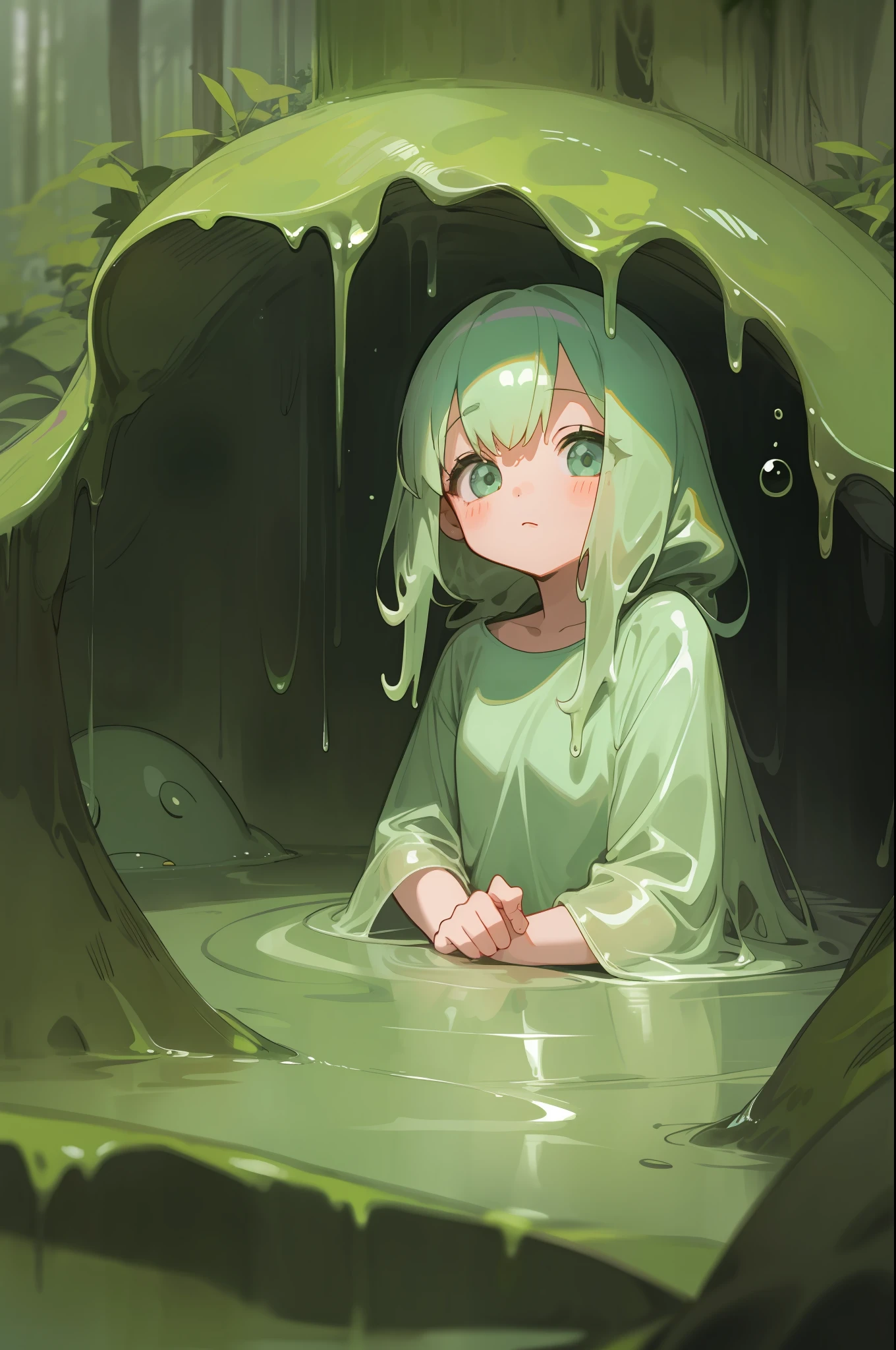 little girl living inside a slime, lofi music, deep in the forest, lofi girl, cute,