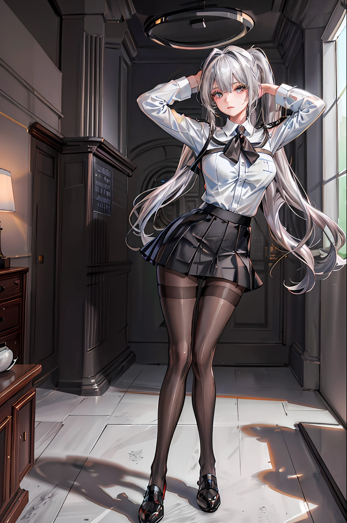 (((1 girl)),ray tracing,(dim lighting),[detailed background (living room)),((silver hair)),(silver hair)),(fluffy silver hair, plump and slender girl)) with high ponytail))) Avoid golden eyes in the ominous living room ((((Girl wears a white shirt, black wrinkled skirt with black transparent pantyhose), showing a delicate slender figure and graceful curves, correct limbs, hands behind the head, both hands behind the head