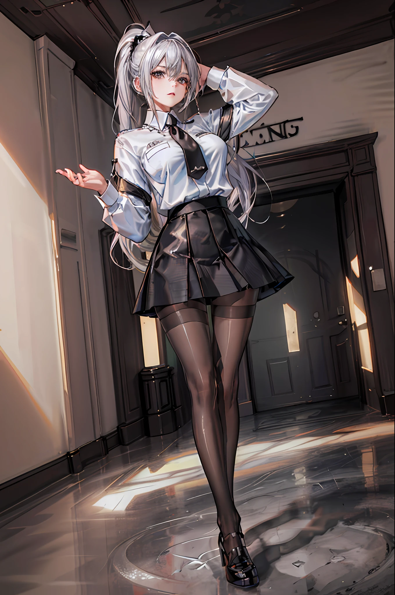 (((1 girl)),ray tracing,(dim lighting),[detailed background (living room)),((silver hair)),(silver hair)),(fluffy silver hair, plump and slender girl)) with high ponytail))) Avoid golden eyes in the ominous living room ((((Girl wears a white shirt, black wrinkled skirt with black transparent pantyhose), showing a delicate slender figure and graceful curves, correct limbs, hands behind the head, both hands behind the head