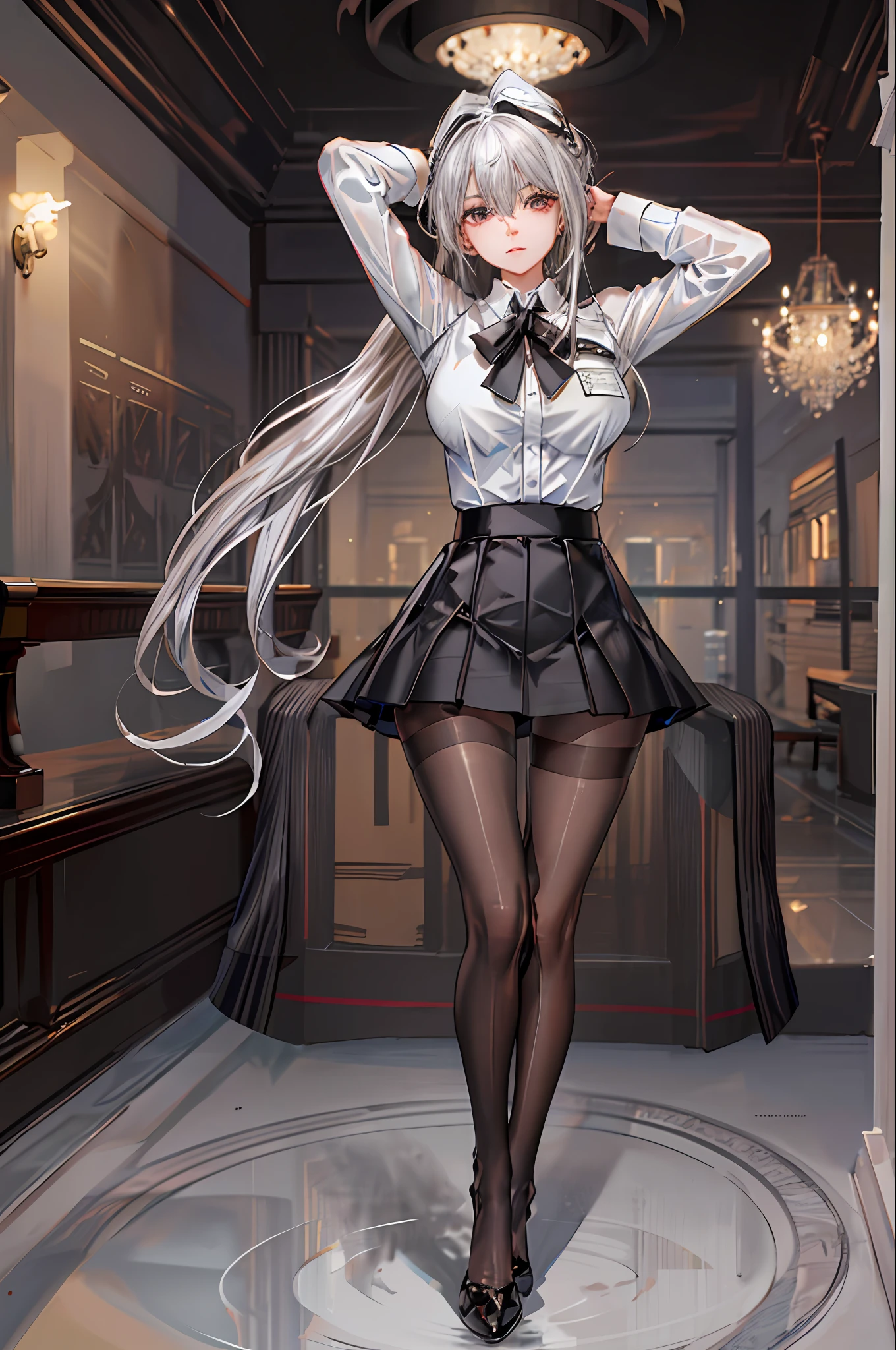 (((1 girl)),ray tracing,(dim lighting),[detailed background (living room)),((silver hair)),(silver hair)),(fluffy silver hair, plump and slender girl)) with high ponytail))) Avoid golden eyes in the ominous living room ((((Girl wears a white shirt, black wrinkled skirt with black transparent pantyhose), showing a delicate slender figure and graceful curves, correct limbs, hands behind the head, both hands behind the head