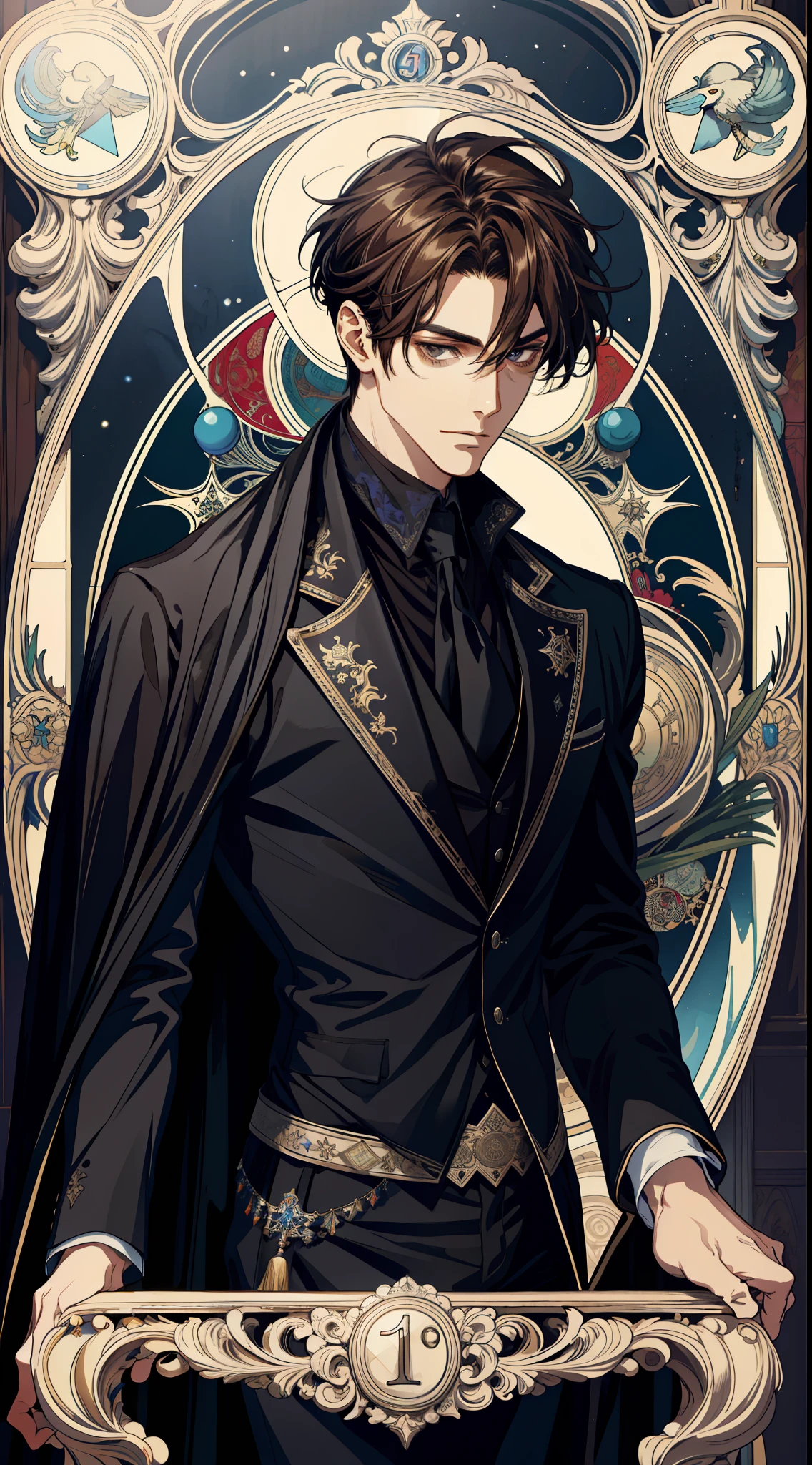 (absurd, high resolution, super detailed), 1 male, black eyes, brown hair, scholarly temperament, all black formal wear, Victorian clothing, black cape, (cold beauty: 1.2), adult, handsome, thin man, broad shoulders, fine eyes and detailed face, fool\tarot card\, fool, clown, symbolism, visual arts, occult, universal, visual projection, philosophy, iconography, numerology, pop, art, alfonse Mucha