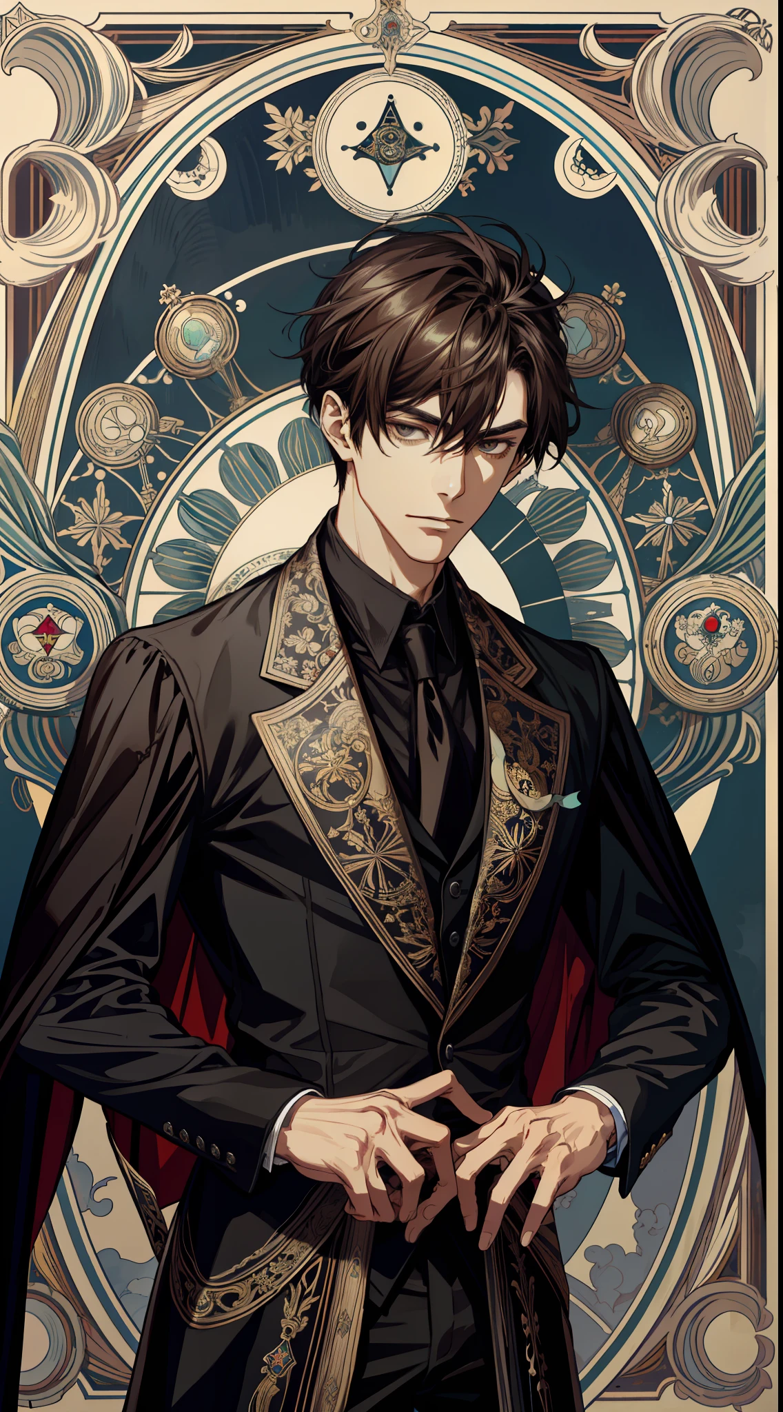 (absurd, high resolution, super detailed), 1 male, black eyes, brown hair, scholarly temperament, all black formal wear, Victorian clothing, black cape, (cold beauty: 1.2), adult, handsome, thin man, broad shoulders, fine eyes and detailed face, fool\tarot card\, fool, clown, symbolism, visual arts, occult, universal, visual projection, philosophy, iconography, numerology, pop, art, alfonse Mucha