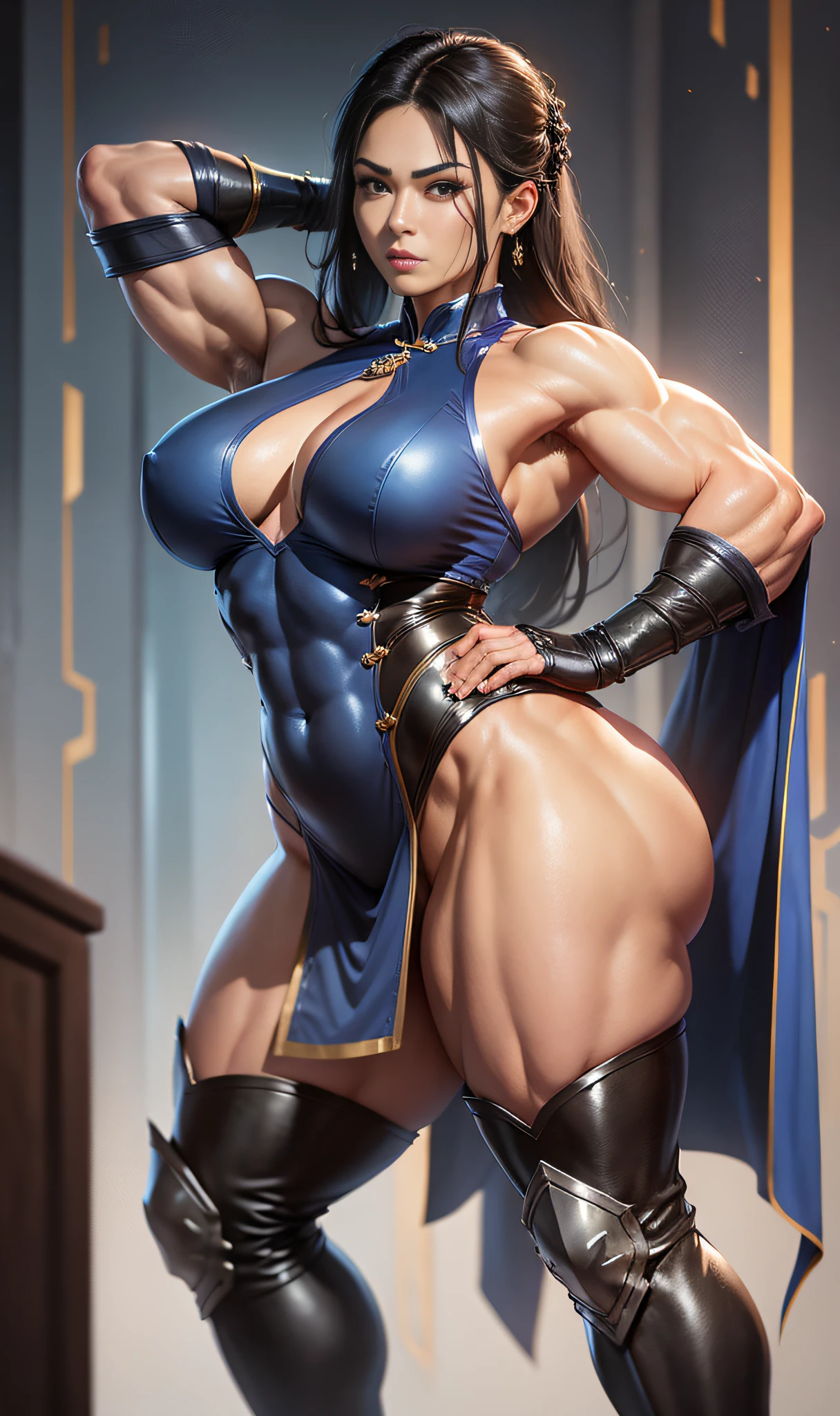 Fine face, neat and clean face, sexy expression, 8K, art station, muscular bone, woman, Hercules, full body, height 3m, long legs, boasting of monstrous power, chinnon, black hair, thick chest plate, armpit hair, dagger, chi pao, blue long cheongsam, front drooping, blue cheongsam, sleeveless, legs visible through slits, knee-length long boots, black leather long boots, pin heel boots, Muscular woman, muscular raised muscles, protruding muscles, well-developed neck, muscular heaving shoulders, split abs, chocolatey abs, thick blood vessels, muscles !!!、 an impossible amount of muscle